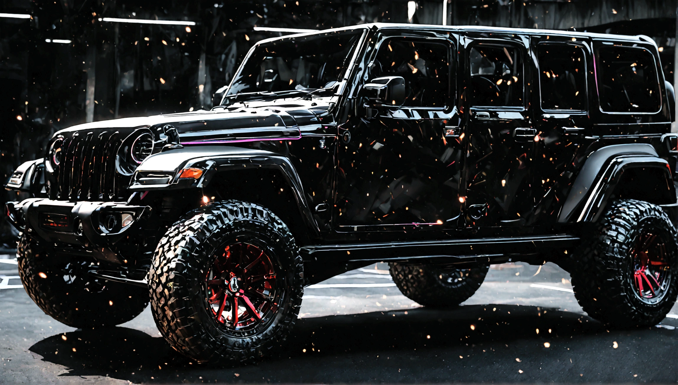 a highly detailed black supercar jeep, 8k, hyper realistic, photorealistic, ultra-detailed, incredibly sharp focus, professional 3d render, volumetric lighting, dynamic pose, dramatic lighting, high contrast, vibrant colors, metallic paint, carbon fiber accents, off-road tires, muscular body, aggressive front grille, sleek and modern design, studio lighting