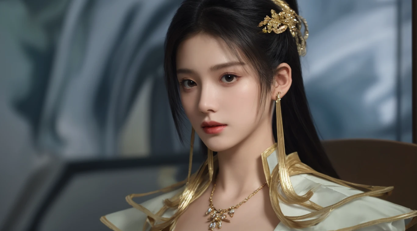 best qualtiy, ultra - detailed,beautifuldetails，(1Beautiful woman)，Hair ornament on the head，depth of fields,（alluring face）,（((black-short-hair))），A sly smile, 电影灯光, Luxurious room， depth of fields,poster for