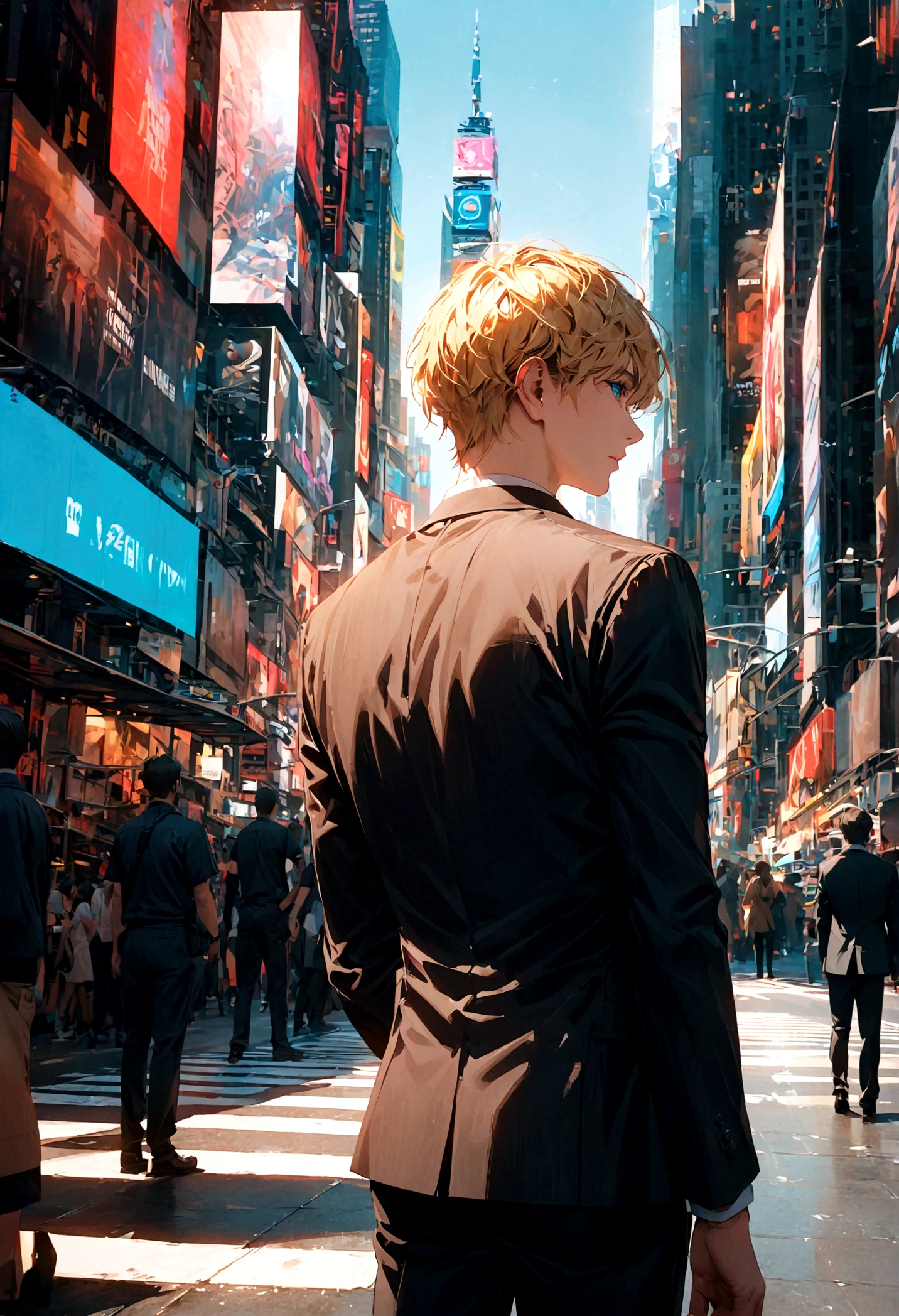 A young man with blond hair, blue eyes, a black suit, stood alone with his back turned halfway, standing alone in the middle of Times Square during the daytime.