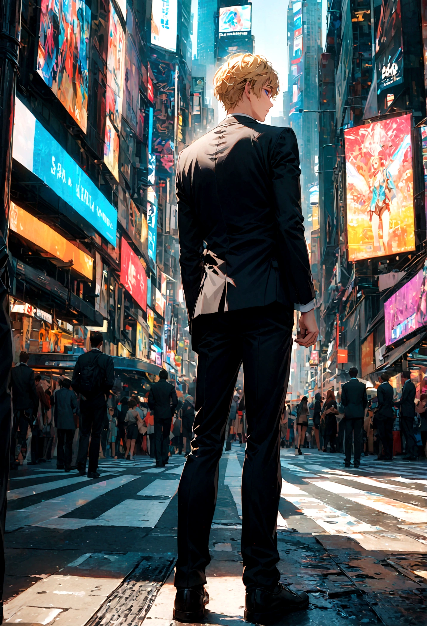 A young man with blond hair, blue eyes, a black suit, stood alone with his back turned halfway, standing alone in the middle of Times Square during the daytime.