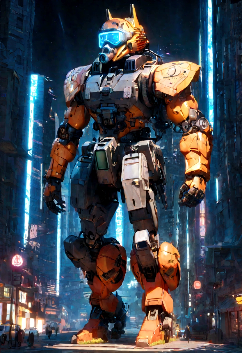 (anthropomorphism:1.5),(Full Body Shot), Cyberpunk, In the middle, 1 Orange Tiger mecha(Mechanical style Orange Tiger head, Blue glowing goggles, Gas mask, muscular limbs, muscular body), Standing on two legs, mechanical miracle, damaged Machine element,nobody, Moonlight, Dreamy Glow, ruined city, ( Global illumination, raytracing, unreal render,reasonable design, Cinematic Lighting)
