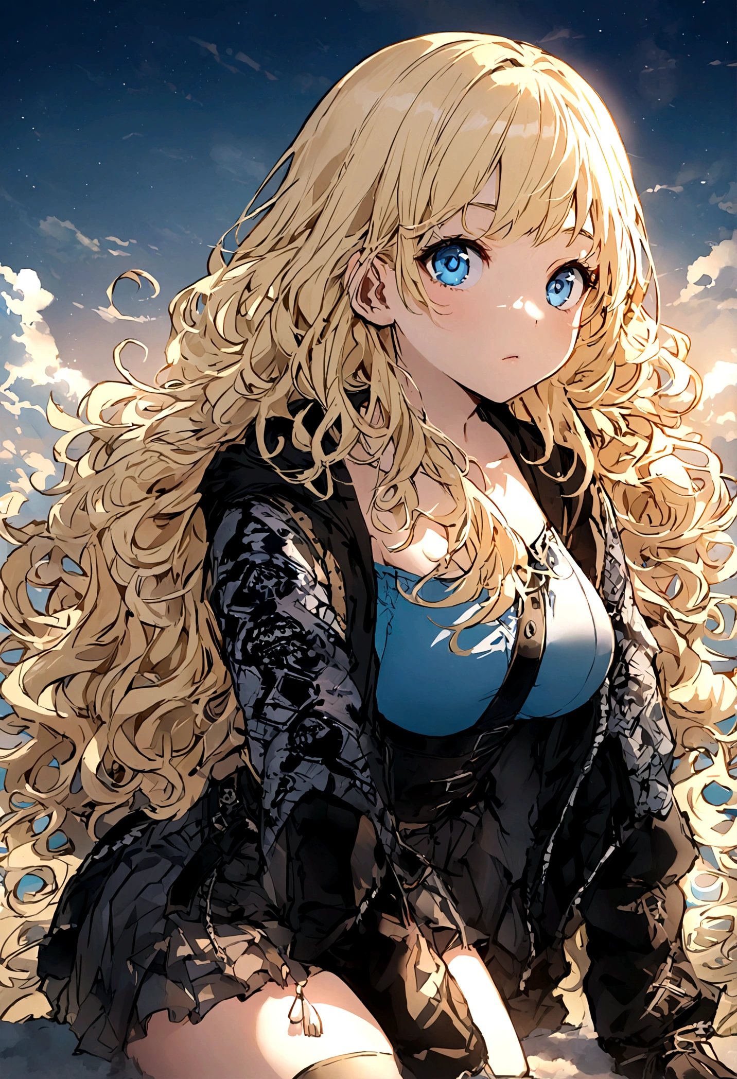 Blonde Wavy Hair Blue Eyes Fair skin Japanese cute beautiful girl 17 years old 168㎝ Different world Punk clothing dawn sun Icy ground Diamond dust Large Breasts
