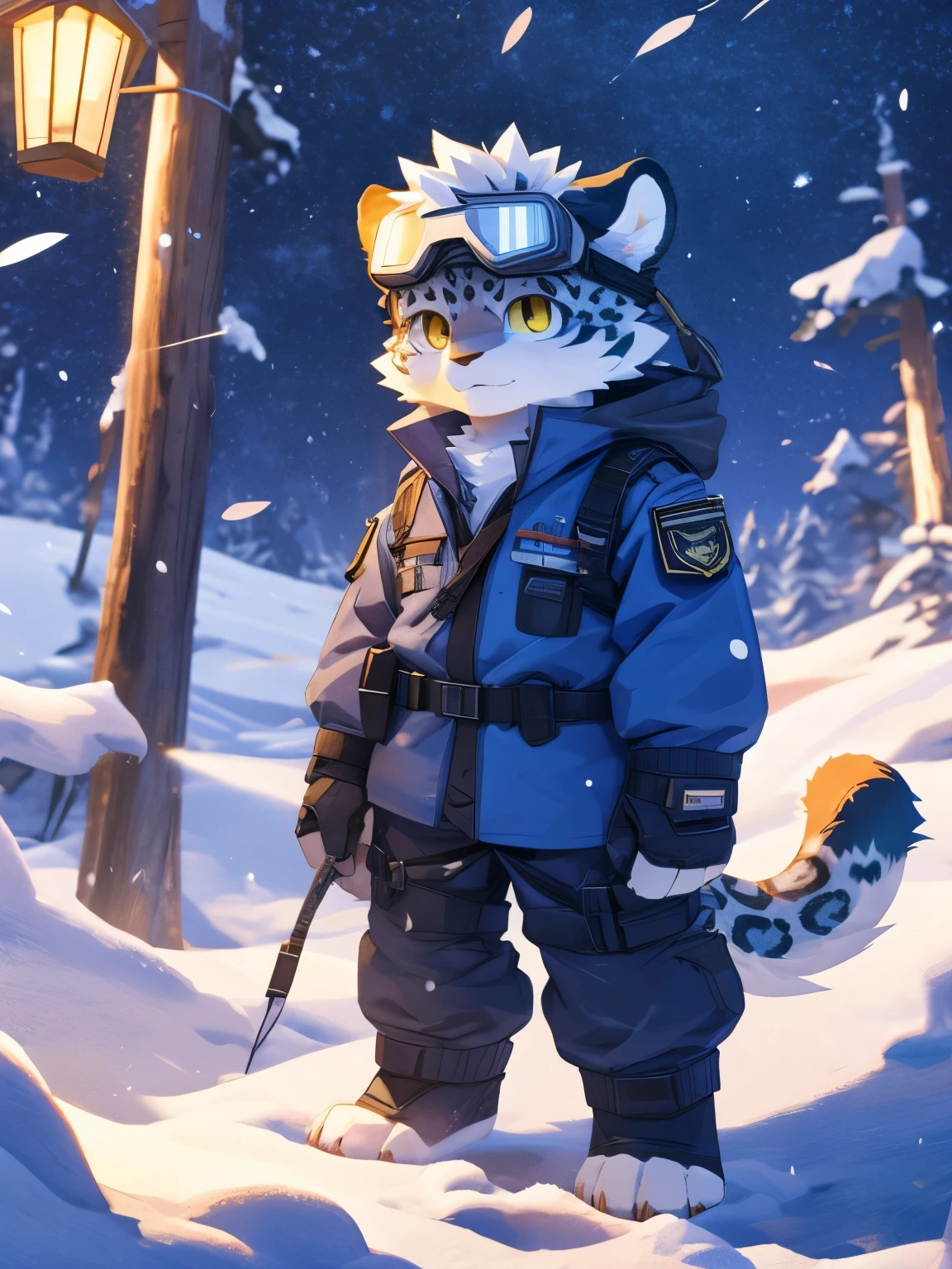 nj5furry,kemono,full-length portrait,anthro,hi res,juvenile,male,strong,Goggles,Sky blue adventure suit,White texture,commander,snow leopard,Fluffy hair,White plush paw,Fingerless gloves,Golden Eyes,Delicate eyes,Detailed eyes,Extremely high detail,8K HD characters,optimism,(particle, Scattered letters, sunlight): 1.3