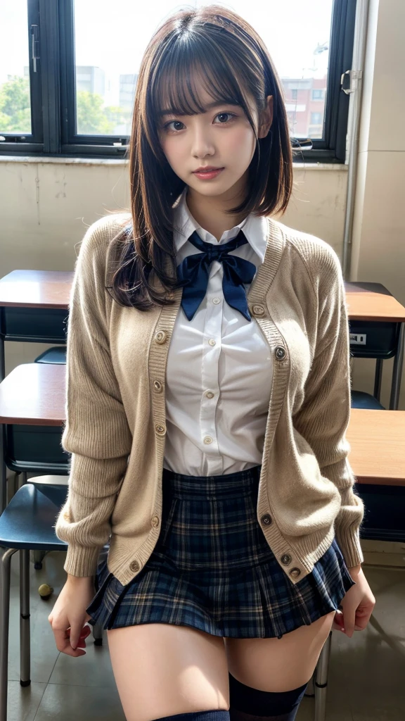 masterpiece, best quality, illustration, Super detailed, fine details, High resolution, 8K,wall paper, perfect dynamic composition,(Details High quality, realistic depiction of eyes:1.3), High School Classroom、High school girl uniform、Cardigan、Super Short Check Uniform Skirt、Navy blue high socks、garterbelts、Colossal tits、Disturbed uniform、short bob hair, black hair color, Big Natural Color Lip, bold sexy pose, (perfect body shape), crying a little、Harajuku style、20 year old girl、cute type, beautiful legs, hposing Gravure Idol, Voluptuous thighs