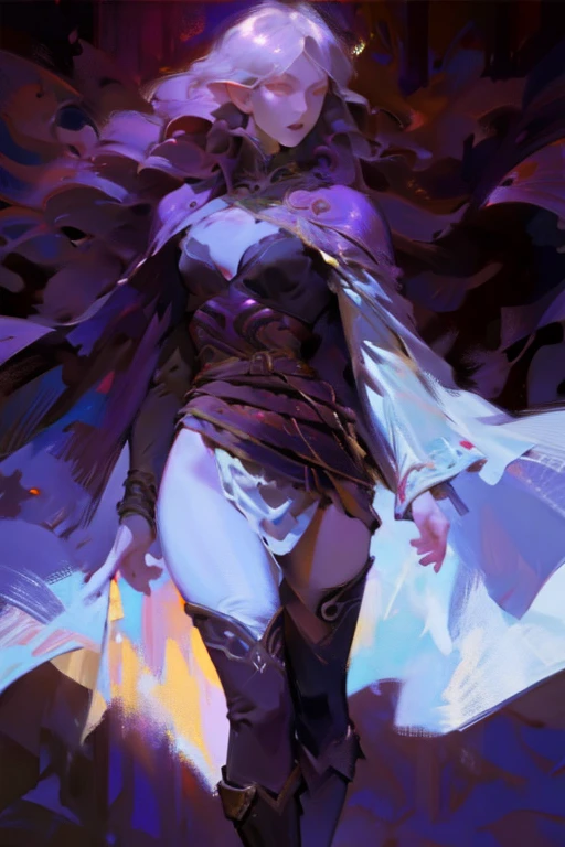 (full body:1.4),((ultra realistic illustration:1.2)),(dark fantasy:1.4), In a mystical forest. Beautiful Elven mage. Wild (magenta hair), violet eyes, ((very pale:1.4)), beautifully fit figure, small perky breasts. tribal war paint, leather bustier, cape, thigh high boots .Masterpiece, (highly detailed:1.2),(detailed face and eyes:1.2), 8k wallpaper, natural lighting. core shadows, high contrast, bokeh.