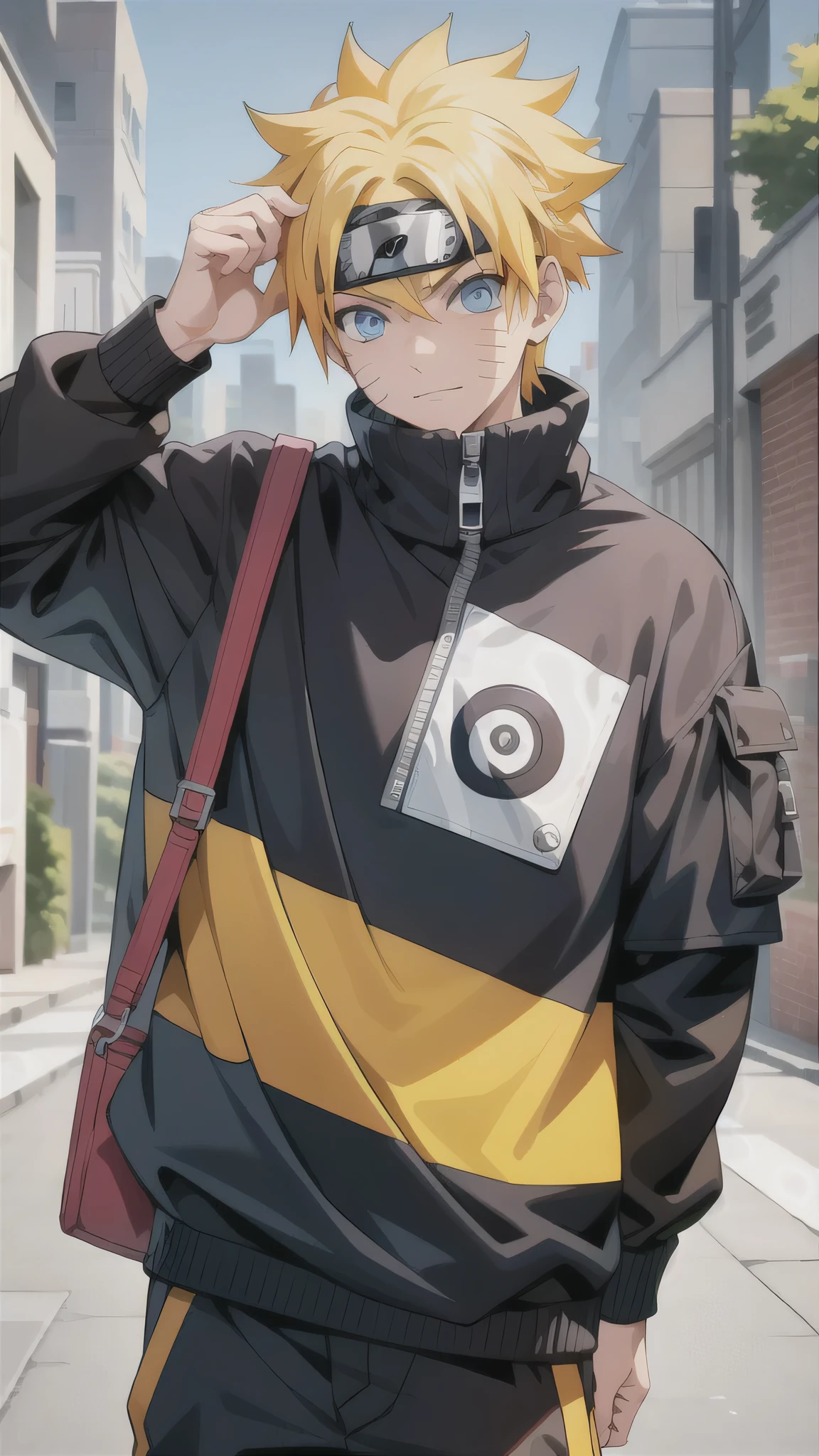 Masterpiece, 1boy, Superb Style, streetwear Supreme chothes, Outdoor, Upper Body, Uzumaki Naruto, blue eyes, yellow hair, cool boy