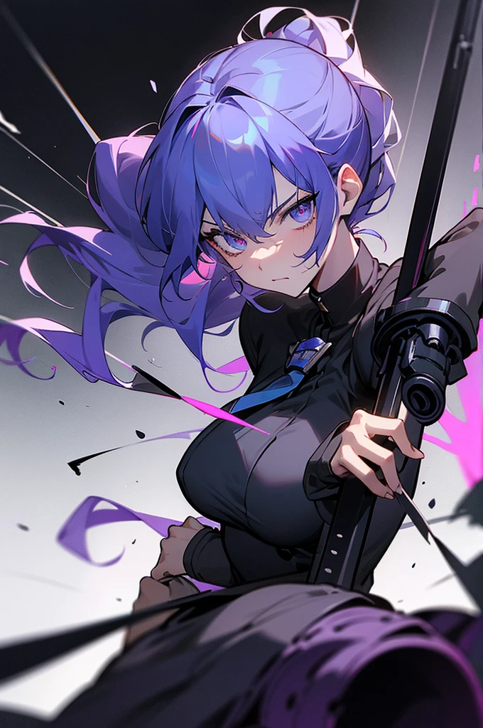 arm enterprise、Suppression Division、Combatant、male、Curly hair、cool、calm、Listless、sex appeal、room、adult、cool、Tie your hair up、sense of urgency、A relaxed face、Sharp pupils、Slender、Large、sniper rifle、Large ranged weaponodern weapons、darkness、dark、melancholy、Covert behavior、Black theme、grayscale、Purple accent color、High Contrast