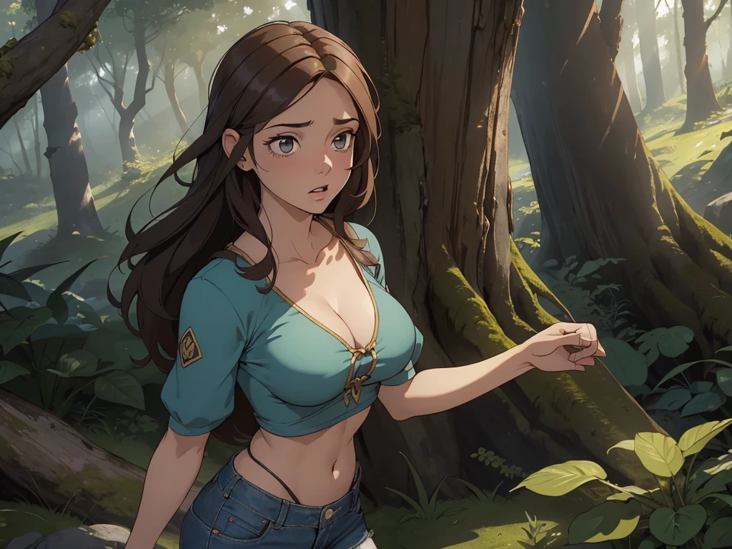 feche 1 garota em, adolescente, Sozinho, cabelo ruivo vibrante, cabelo ruivo liso, cabelo ruivo curto, olhos cinza claro, algumas pequenas sardas, pale skin, medium breasts, decote, corpo de corredor, (quadris finos, cintura fina: 1.25), (Arched back:1.12), pele detalhada, Cara travessa, fazendo beicinho, roupas reveladoras, (usando blusa cropped, short jeans azul rasgado, presilha de cabelo: 1.1), olhando para o espectador, (hands on chest:1.37), (sentado no tronco: 1.22), (orelhas de raposa naturais escuras:1.25), (apenas orelhas de raposa), orelhas cobertas por pelos, (detailed magical forest background:1.1), Riacho, com vista para a abertura na floresta, relaxante, Texturas 4k, luz suave, elegante, altamente detalhado, sharp focus, tons suaves, detalhes insanos, detalhes intrincados, hiperdetalhado, baixo contraste, exposure mix, HDR, desaparecido a drawing of a woman wIstoh a Surpreso look on her face, expressive Surpreso expression, Surpreso expression, chocado look, wide eyes chocado expression, horrified expression, chocado expression, scared expression, very Surpreso, olhando Surpreso, huge Surpreso eyes, Surpreso, grIstoando. Isto'Isto'it's not realistic, cara assustada, chocado expression on her face, chocado, Surpreso frown, Surpreso expression on her face