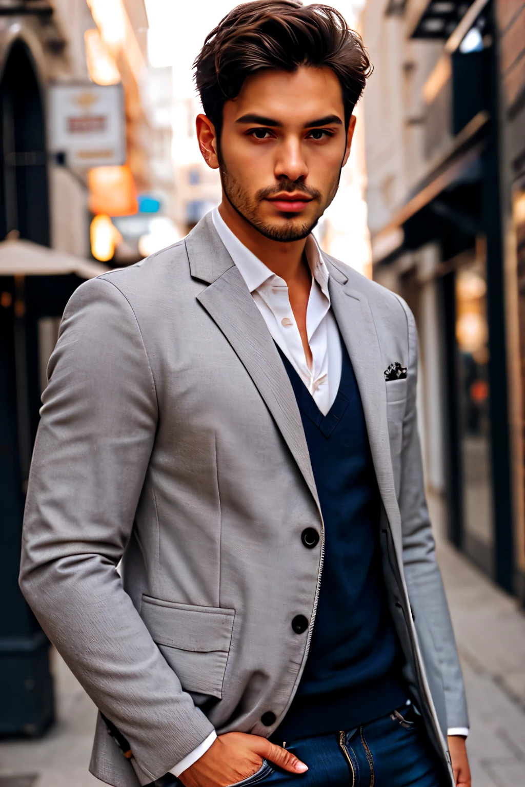 A man wears a blazer jacket