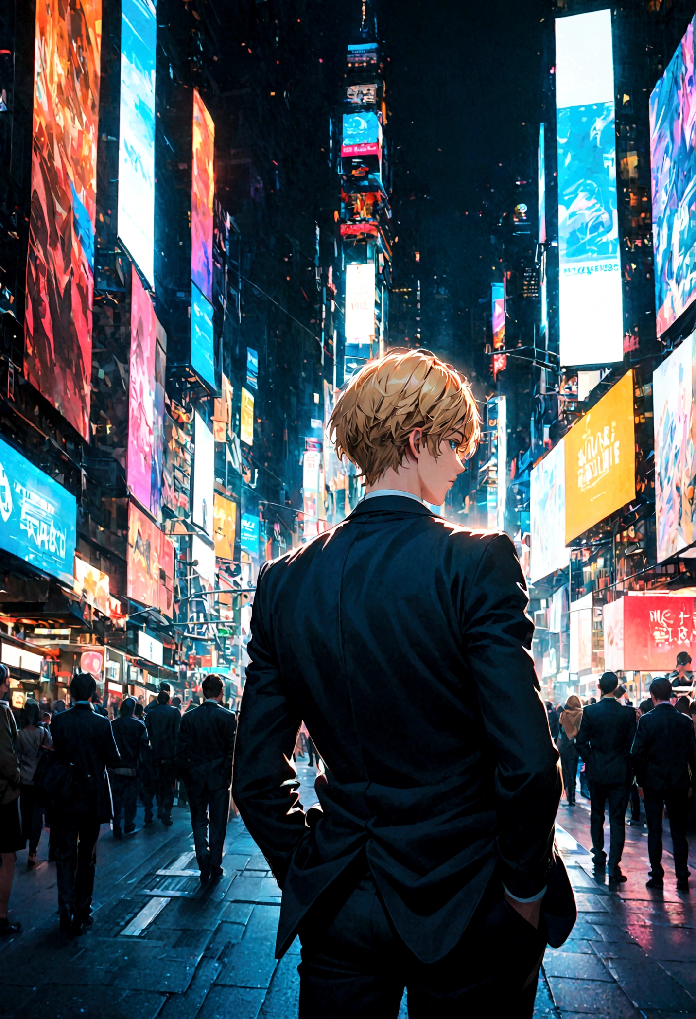 A young man with blond hair and blue eyes, a black suit with his hands in his pockets, his back turned, his face half turned, standing alone in the middle of Times Square during the daytime.
