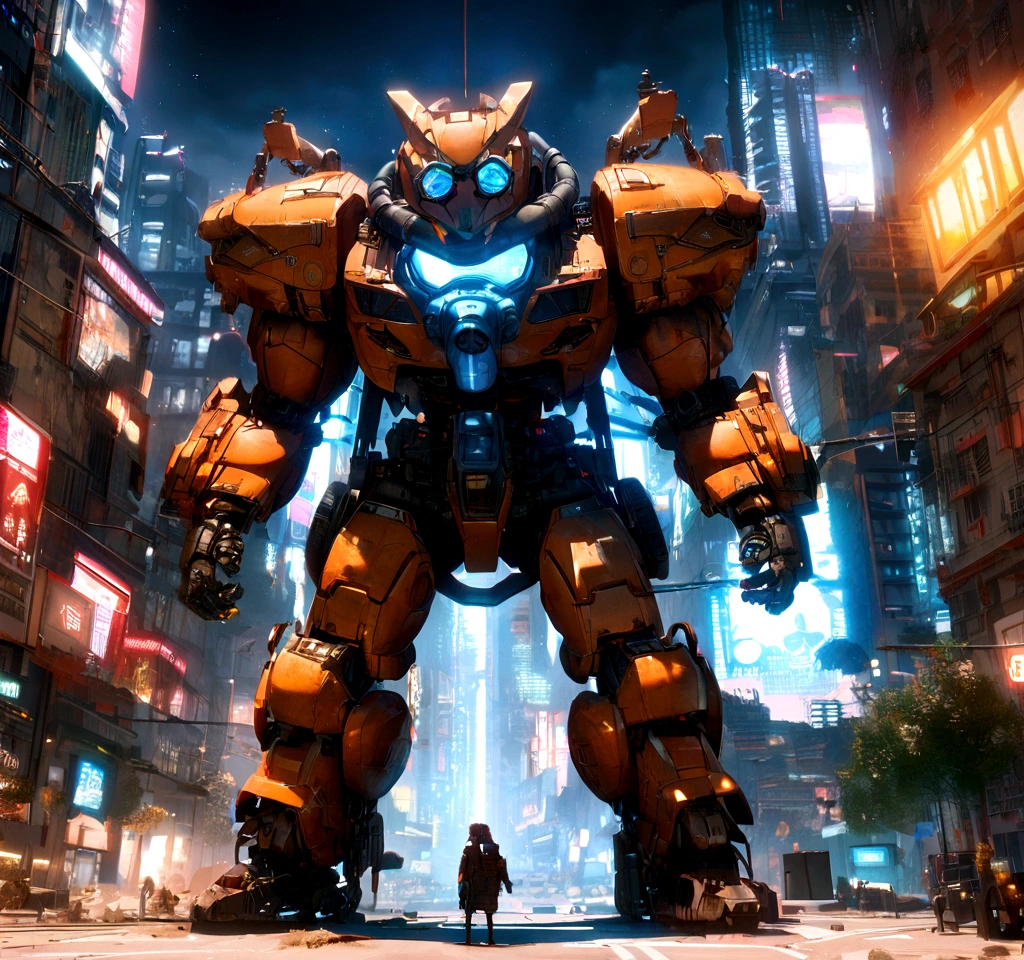 (anthropomorphism:1.5),(Full Body Shot), Cyberpunk, In the middle, 1 Orange Tiger mecha(Mechanical style Orange Tiger head, Blue glowing goggles, Gas mask, muscular limbs, muscular body), Standing on two legs, mechanical miracle, damaged Machine element,nobody, Moonlight, Dreamy Glow, ruined city, ( Global illumination, raytracing, unreal render,reasonable design, Cinematic Lighting) , a robot , full body, post apocalyptic desert city background, highly detailed, photography, ultra sharp, film, bokeh, professional,