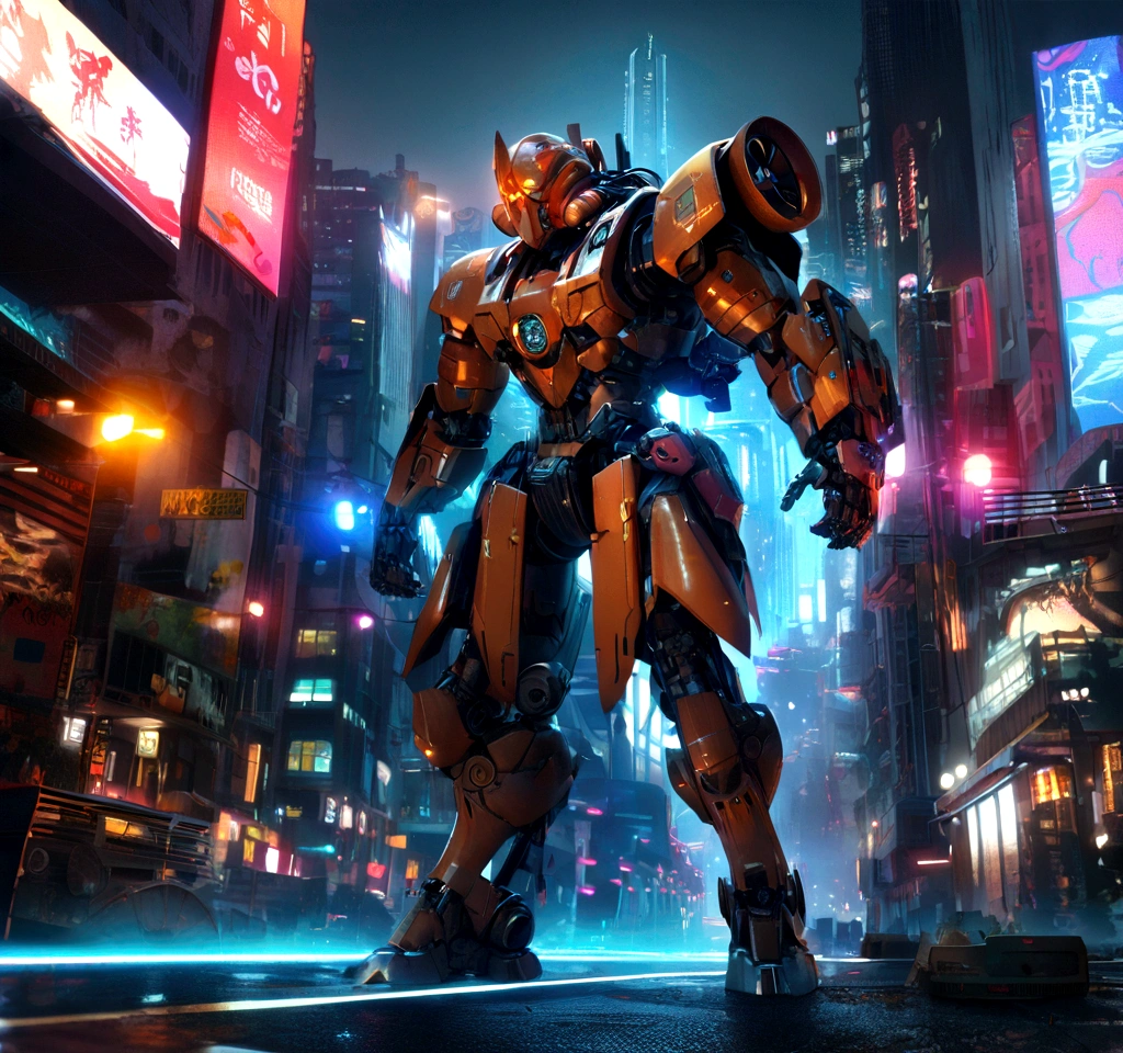 (anthropomorphism:1.5),(Full Body Shot), Cyberpunk, In the middle, 1 Orange Tiger mecha(Mechanical style Orange Tiger head, Blue glowing goggles, Gas mask, muscular limbs, muscular body), Standing on two legs, mechanical miracle, damaged Machine element,nobody, Moonlight, Dreamy Glow, ruined city, ( Global illumination, raytracing, unreal render,reasonable design, Cinematic Lighting) , a robot , full body, post apocalyptic desert city background, highly detailed, photography, ultra sharp, film, bokeh, professional,