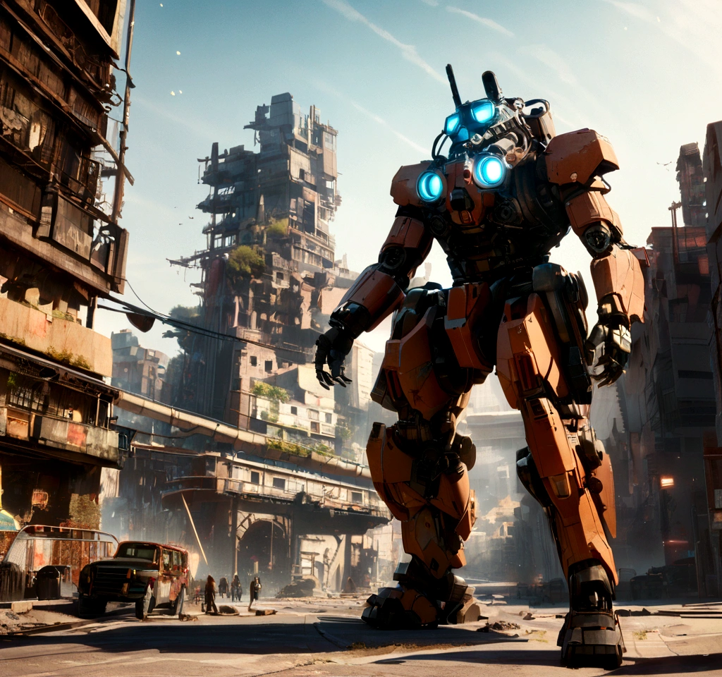 (anthropomorphism:1.5),(Full Body Shot), Cyberpunk, In the middle, 1 Orange Tiger mecha(Mechanical style Orange Tiger head, Blue glowing goggles, Gas mask, muscular limbs, muscular body), Standing on two legs, mechanical miracle, damaged Machine element,nobody, Moonlight, Dreamy Glow, ruined city, ( Global illumination, raytracing, unreal render,reasonable design, Cinematic Lighting) , a robot , full body, post apocalyptic desert city background, highly detailed, photography, ultra sharp, film, bokeh, professional,