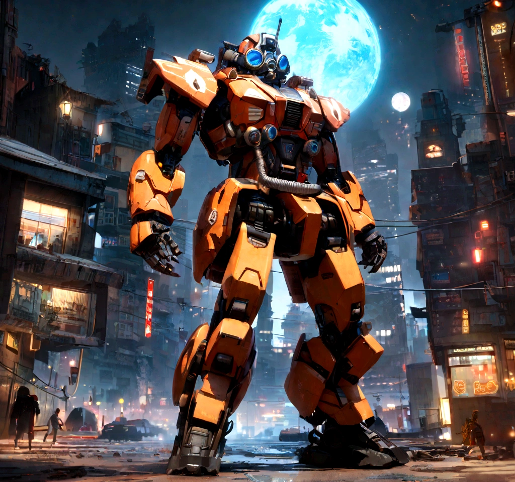 (anthropomorphism:1.5),(Full Body Shot), Cyberpunk, In the middle, 1 Orange Tiger mecha(Mechanical style Orange Tiger head, Blue glowing goggles, Gas mask, muscular limbs, muscular body), Standing on two legs, mechanical miracle, damaged Machine element,nobody, Moonlight, Dreamy Glow, ruined city, ( Global illumination, raytracing, unreal render,reasonable design, Cinematic Lighting) , a robot , full body, post apocalyptic desert city background, highly detailed, photography, ultra sharp, film, bokeh, professional,