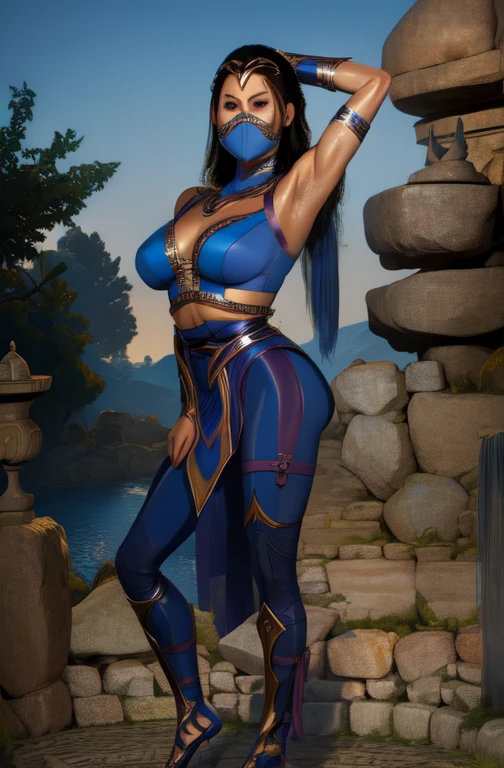 KitanaMK1, black hair, brown eyes,  jewelry, blue dress, cleavage,  mouth mask, 
looking at viewer, royal garden. morning,
 standing,full body,prefect body,large butt,smile toned, (insanely detailed, beautiful detailed face, masterpiece, best quality), spread arms,armpits under silk,wet silk,sweat body