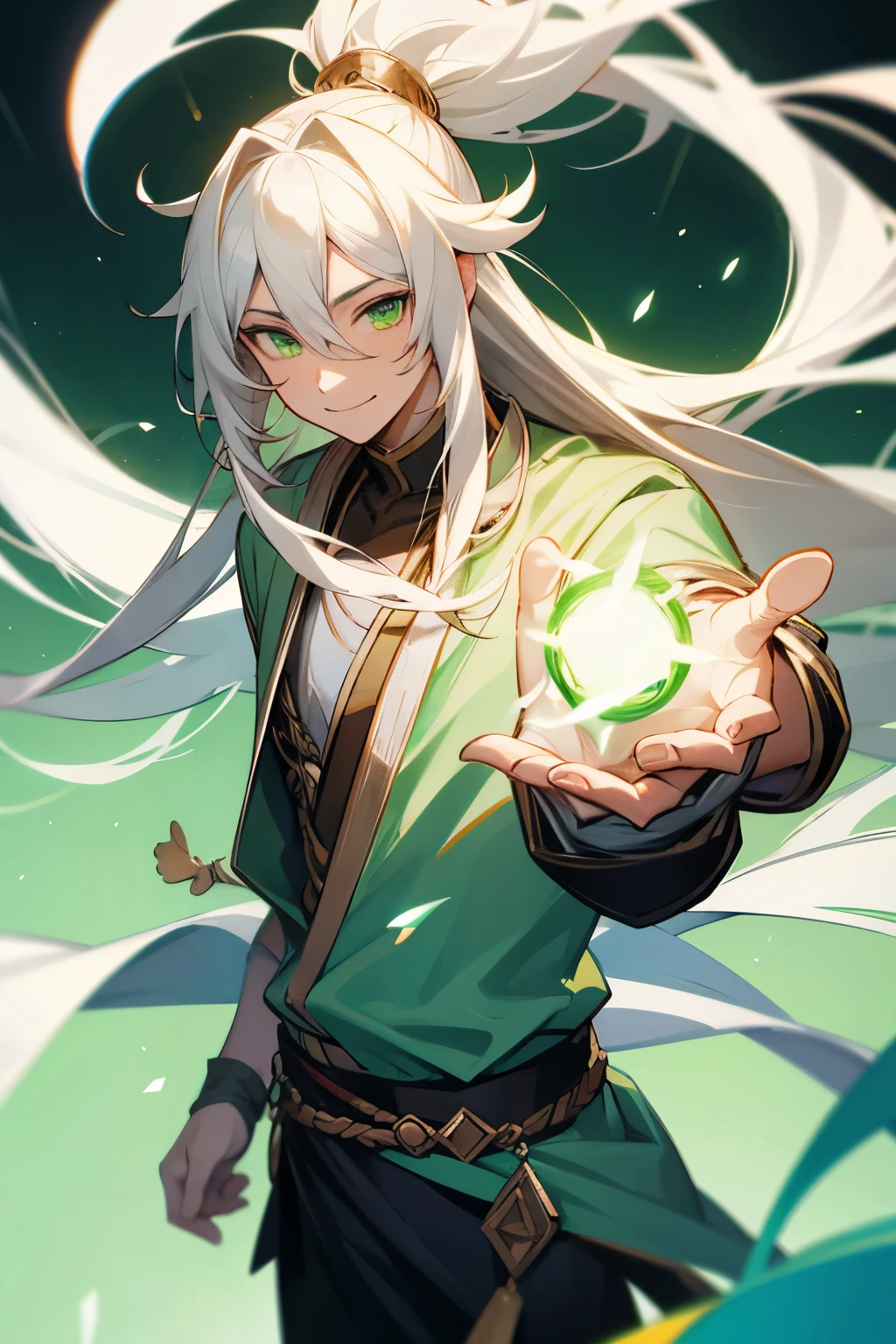 male god, happy, white long hair, green eyes, epic