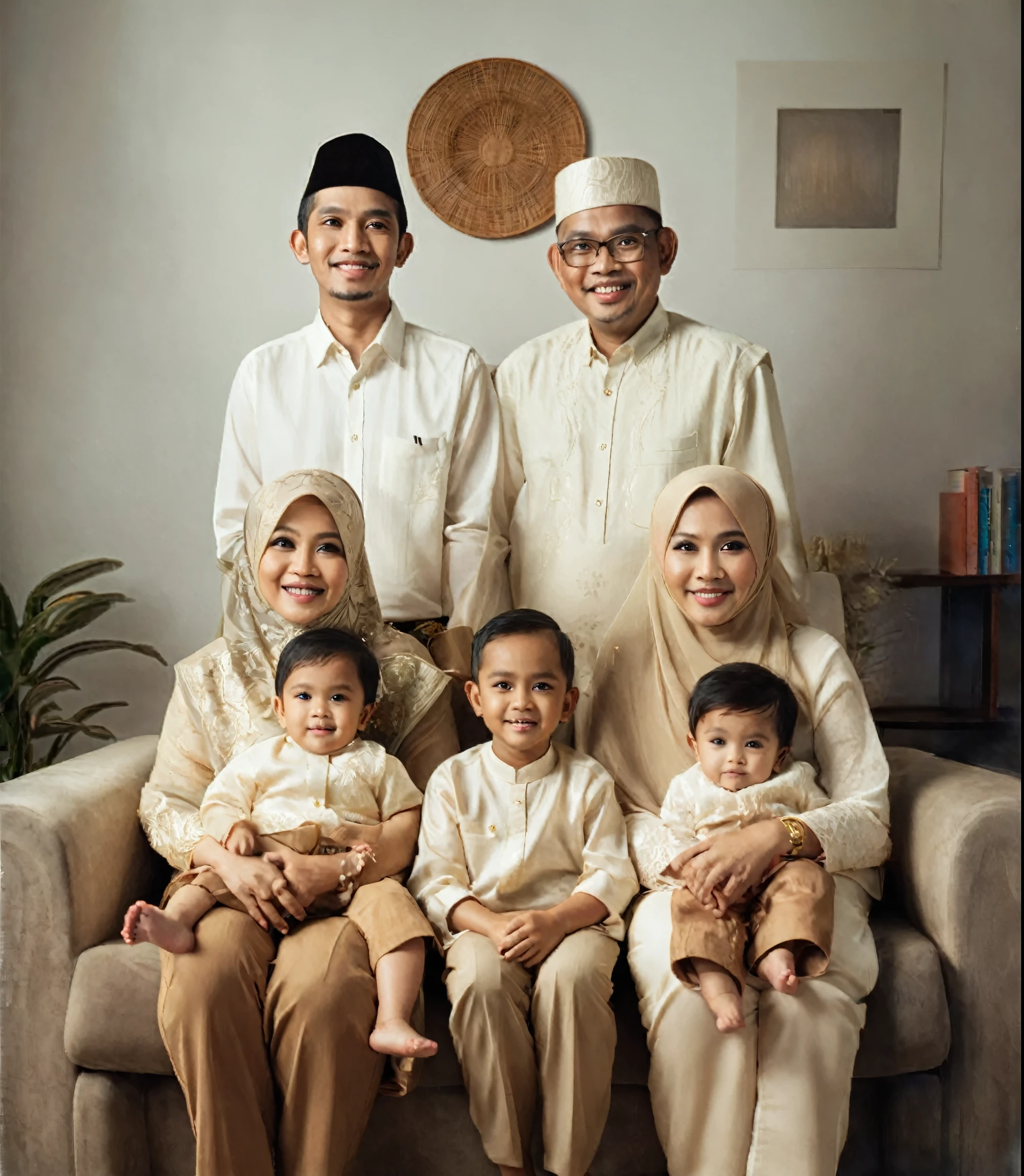 there are a group of people sitting on a couch together, an indonesian family portrait, barong family, family portrait, happy family, by Basuki Abdullah, home photography portrait, family photography, full protrait, barong family member, portrait shot, potrait, malaysian, colour corrected, 60mm portrait, rengen, classic portrait, 7 0 mm portrait