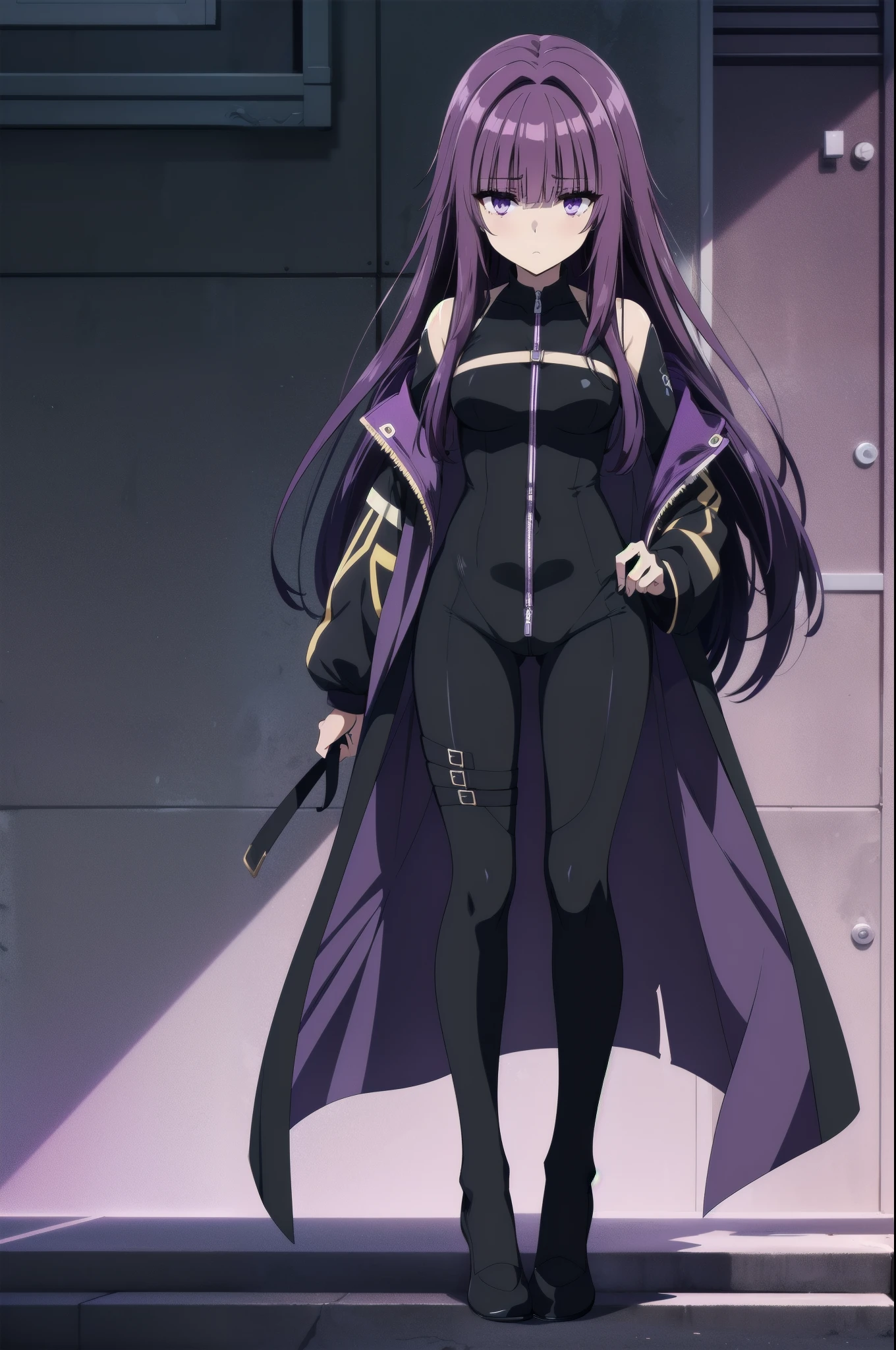 purple hair,,long hairpurple eyes,(((body suit,)))(disgust,looking disgusted, abhore)
