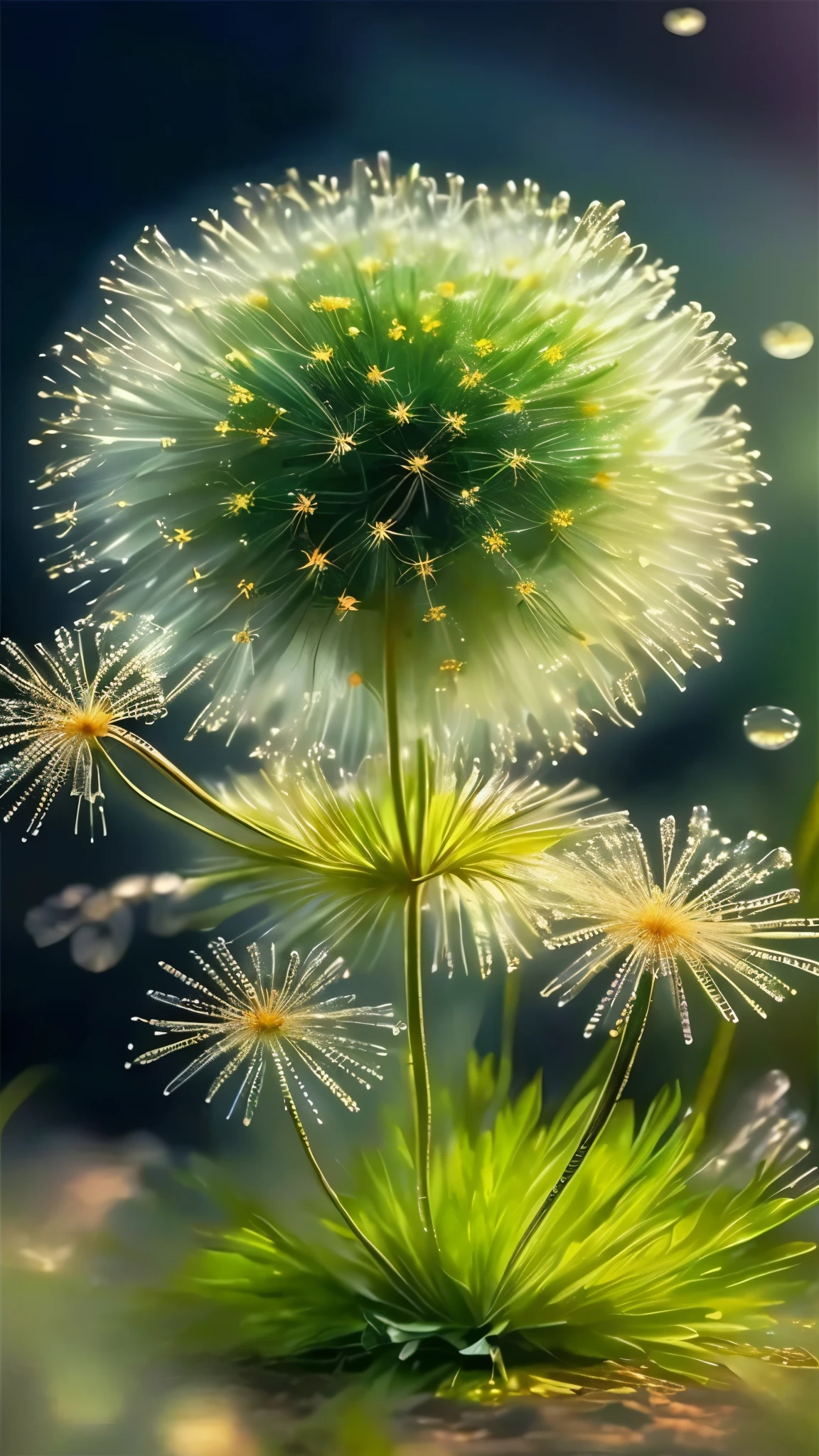 Close-up of a flower，There are water drops on it, Magical flowers, Magic colorful flowers, Dandelion seeds float, Dandelion, glowing Dandelion seed storm, Very beautiful photos, Dandelions, Glowing delicate flowers, Beautiful flowers, Nature Wallpapers, Stunning screensaver, Beautiful nature, Amazing wallpapers, beautiful iphone wallpapers, Alien Flower, HD mobile wallpaper, Pincushion lens effect