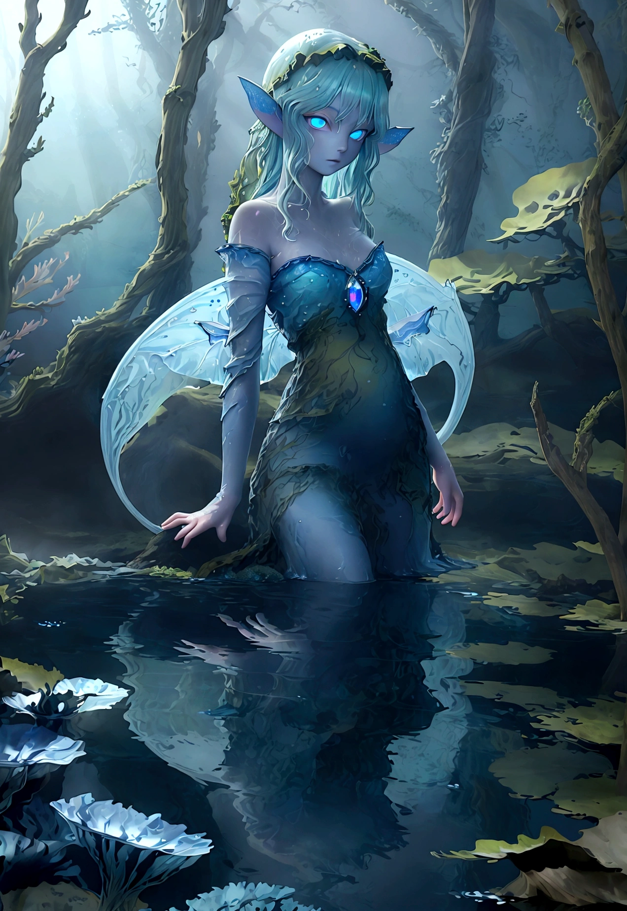 Photorealistic, and extremely detailed picture of a mysterious woman, solo, she has (glowing blue eyes:1.3), (she is a water nymph:1.4), (blonde hair), (seaweed in hair:1.3), dark gaze, prety face, she has pale skin with green tone, her skin has ((fish scales)) in some places, she wears long dress made of a dress ((made of aquatic plants and seaweed)), looking at the viewer, she stands in a (mysterious lake:1.3) with (dark water), dark trees around, shadow in the corners, (mysterious lake:1.3), hazy beauty, mysterious feeling, photorealism, detailed, cinematic lighting effects