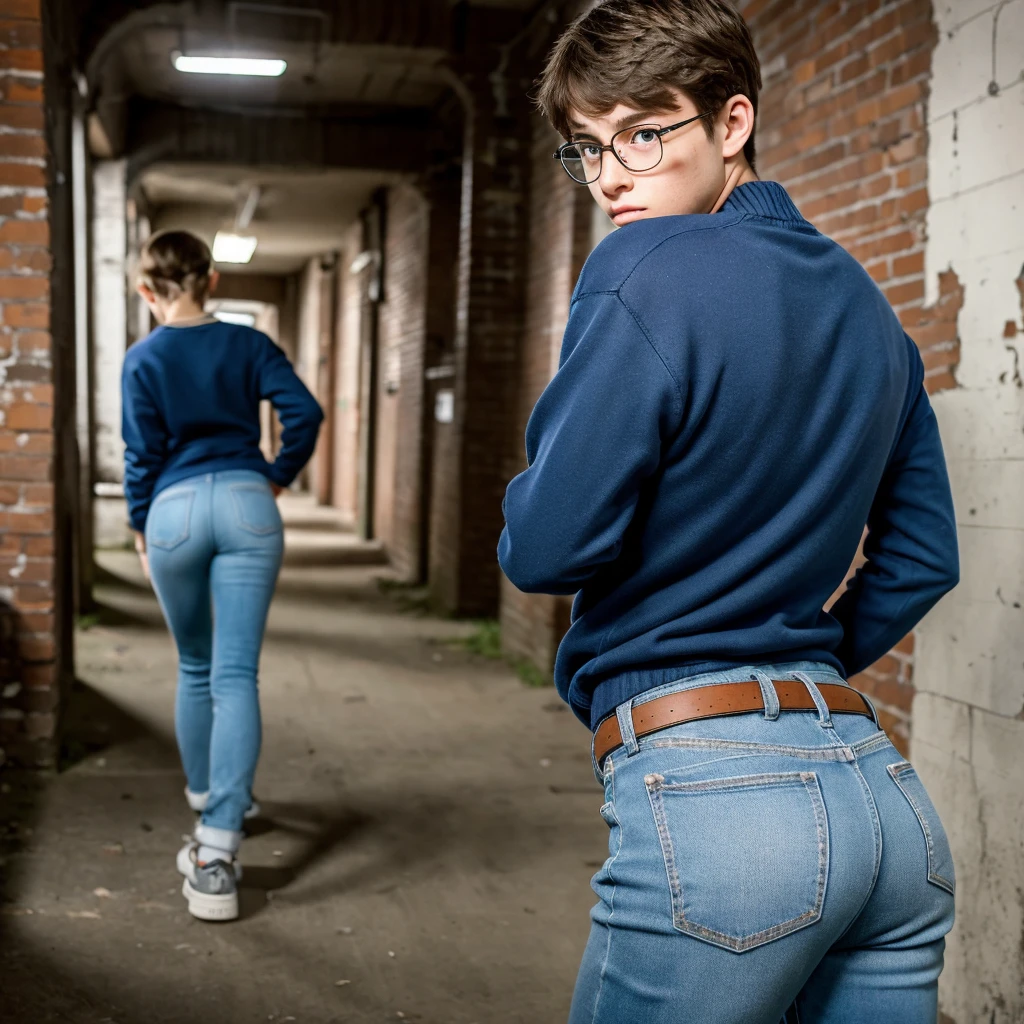 A young  nerd boy in baggy light blue jeans pants from behind, Black nerdy glasses, Dark blue sweater, Sexy pose, Bent
forward, In pain, Biting bottom lip, Looks worried, Teen, Young, Round face, Round chin, Big round eyes, Light brown hair, Messy hair, Dark
brown eyes, Tan skin, Slender body, Plump booty, Round booty,  booty, Sexy booty, Plump
ass,  ass Sexy ass, Youn, Teen boy,boy, Twink, Solo 1 boy,  In an old
abandoned laboratory, Abandoned, Scary, Brick Walls, Laboratory, Ultra-detailed, Best quality,
Ultra-realistic, High quality