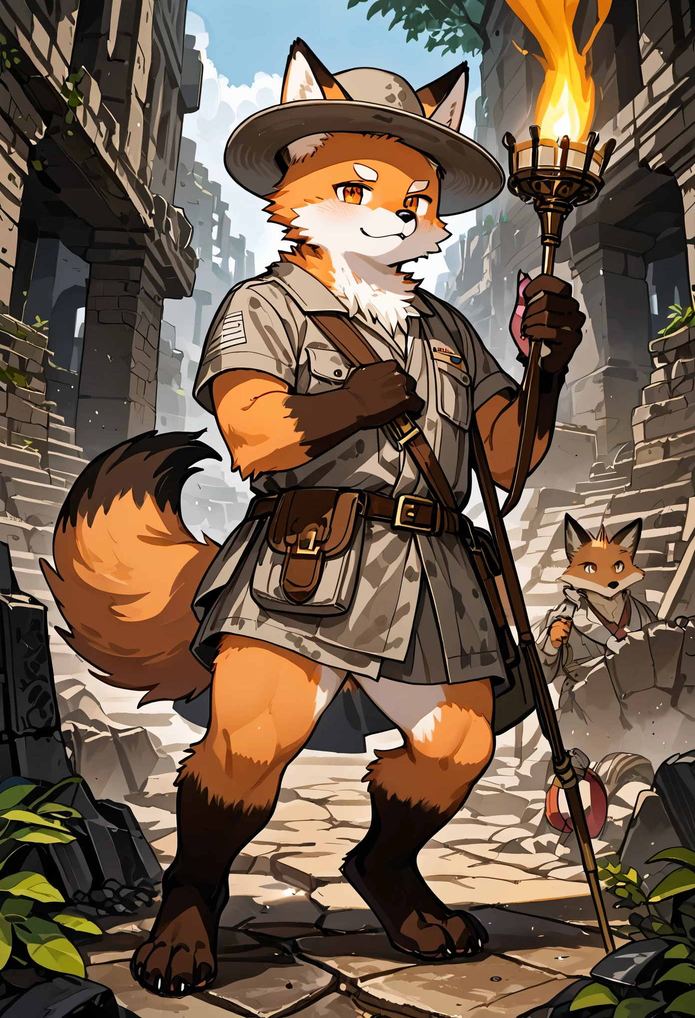 top quality, best quality, masterpiece, super high resolution, detailed background, Old Ruins, Dungeons(highly detailed beautiful face and eyes)absurdres, perfect anatomy(handsome 1boy, kemono, solo focus, labo coat)(furry)(furry anthro:1.7)(Furry body, fox facial features, fox body features)(very detailed body fur)full body, Dirty Coat and Hat, holding Torch,