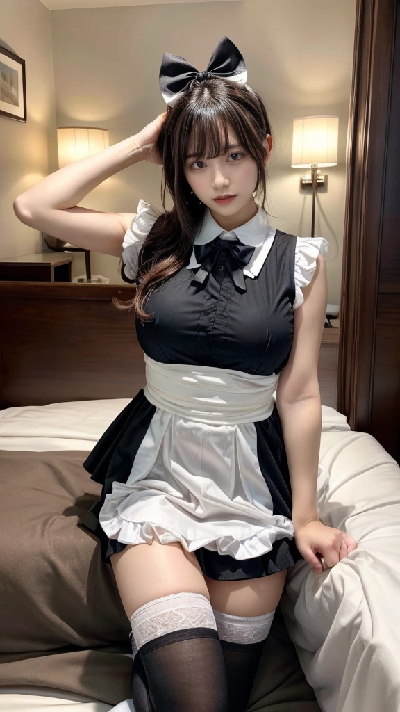 masterpiece, best quality, illustration, Super detailed, fine details, High resolution, 8K,wall paper, perfect dynamic composition,(Details High quality, realistic depiction of eyes:1.3), short hair, (wavy hair:1.2), SFW, huge breasts, hotel room, (bow ribbon, Maid, knee high socks:1.3), Aside Cutter Shirt, frill skirt, Large breasts, Don't expose it, ponytail, black hair color, Big Natural Color Lip, perfect body shape, bold sexy pose, crying a little、Harajuku style、20 year old girl、cute type、lolita、beautiful legs, full body photo、focus on crotch, hposing Gravure Idol