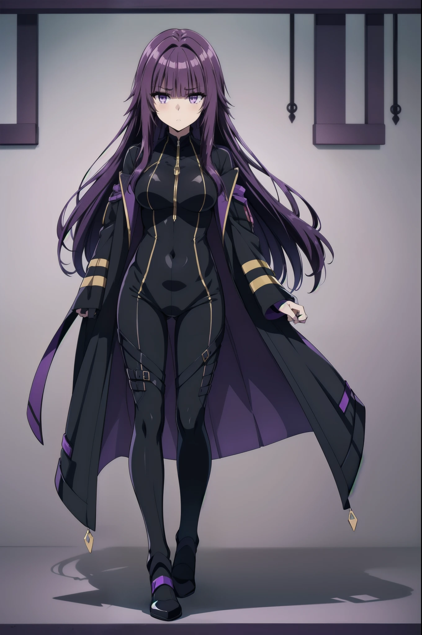 purple hair,,long hairpurple eyes,(((body suit,)))(disgust,looking disgusted, abhore)
