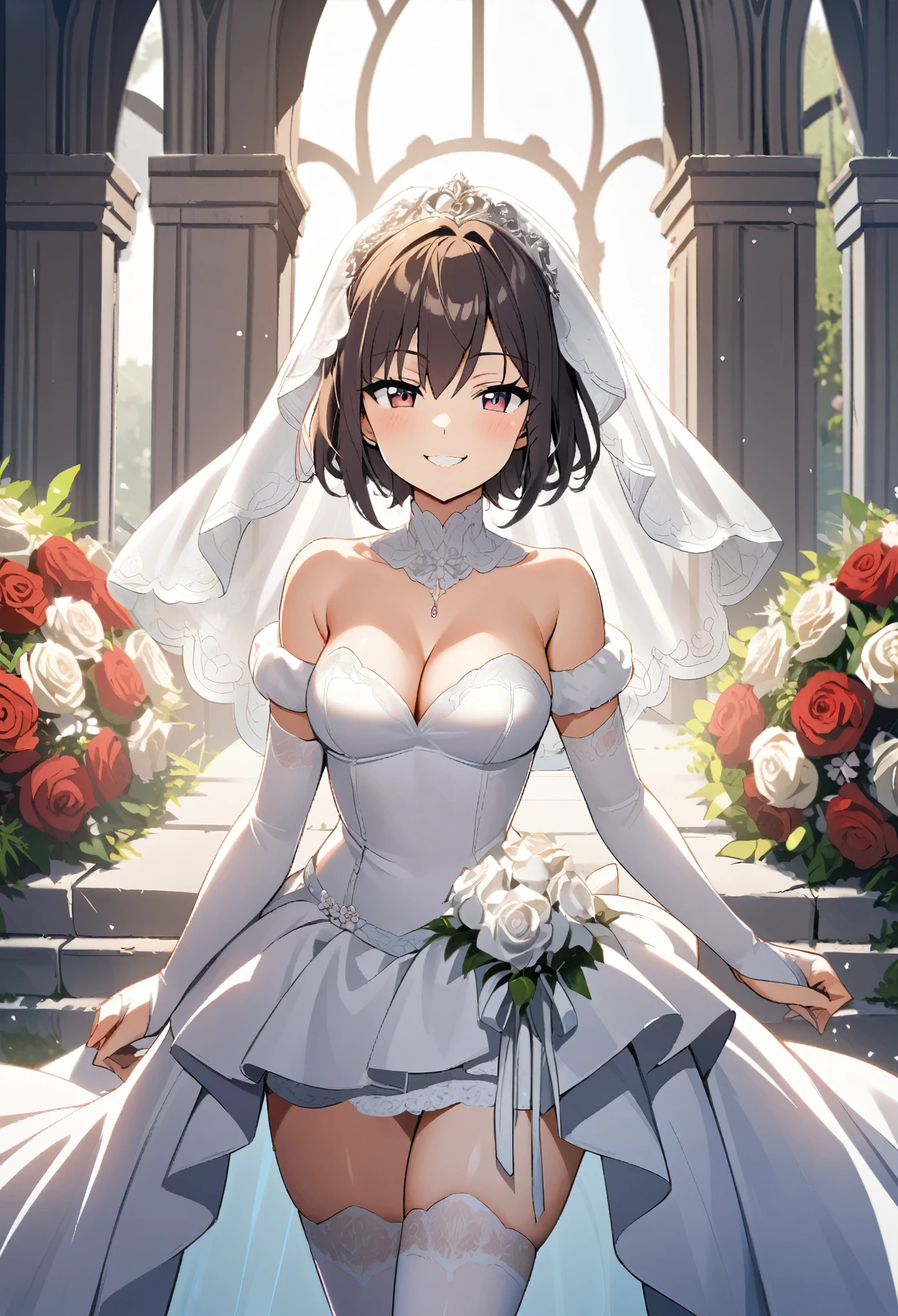 1girl, bride veil, bridal gauntlets, elbow gloves, white thighhighs, outdoors, wedding dress, flower, rose, cowboy shot, miniskirt, cleavage, smirk, , inviting smile,