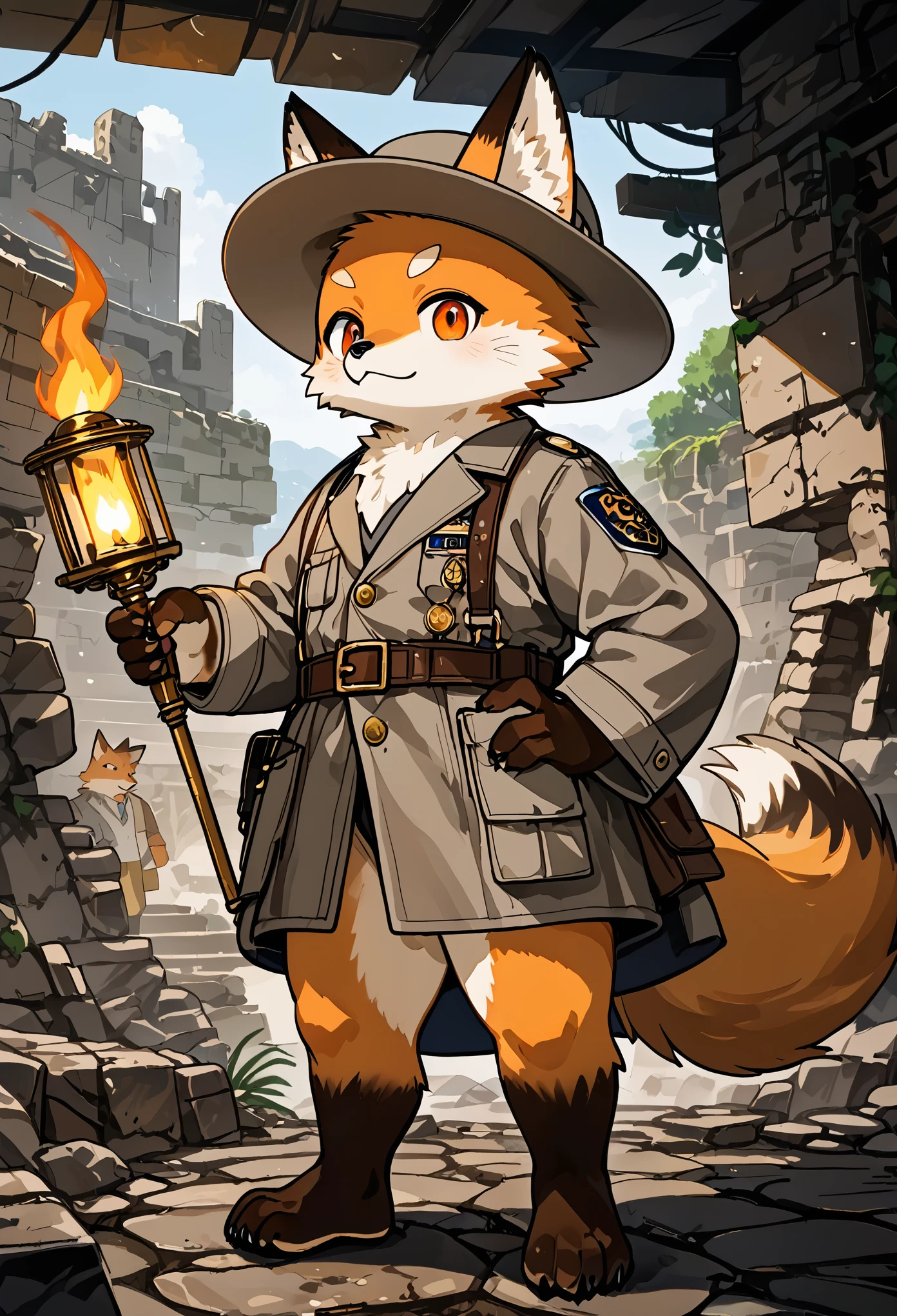 top quality, best quality, masterpiece, super high resolution, detailed background, Old Ruins, Dungeons(highly detailed beautiful face and eyes)absurdres, perfect ???????(handsome 1boy, kemono, solo focus, labo coat)(furry)(furry anthro:1.7)(Furry body, fox facial features, fox body features)(very detailed body fur)full body, Dirty Coat and Hat, holding Torch,
