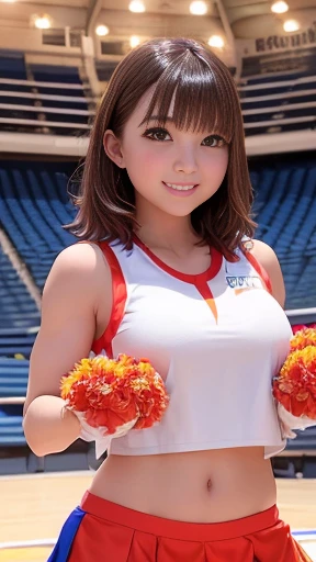 ((nsfw)),1 cheerleading girl、(Colorful sleeveless cheerleading uniforms:1.2,Flared mini skirt),(Jumping),((Holding pom-poms in both hands:1.2)),、Bob Hair、Brown Hair、Medium breast、smile、masterpiece、Raw photo quality、Highest quality、8k、View from directly below、arena venue、(White panties),