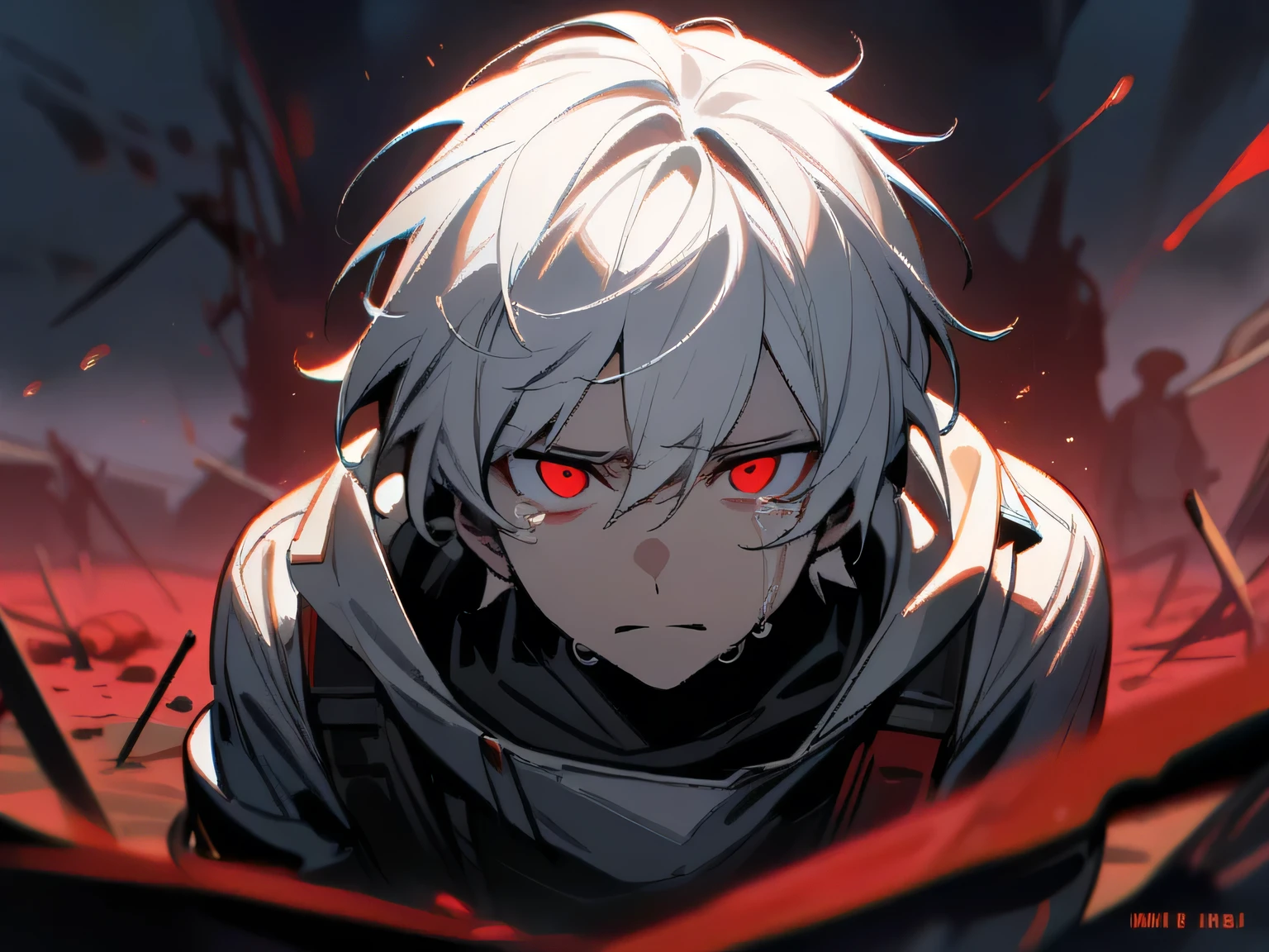 1boy, white hair, red eyes, battlefield, scattered blood everywhere, looking at viewer, sad face, fear, tears, outdoors, masterpiece, best quality,