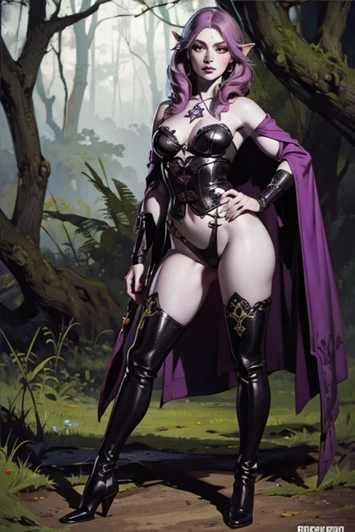 (full body:1.4),((ultra realistic illustration:1.2)),(dark fantasy:1.4), In a mystical forest. Beautiful Elven mage. Wild (magenta hair), violet eyes, ((very pale:1.4)), beautifully fit figure, small perky breasts. (tribal war paint), leather bustier, cape, thigh high boots .Masterpiece, (highly detailed:1.2),(detailed face and eyes:1.2), 8k wallpaper, natural lighting. core shadows, high contrast, bokeh.