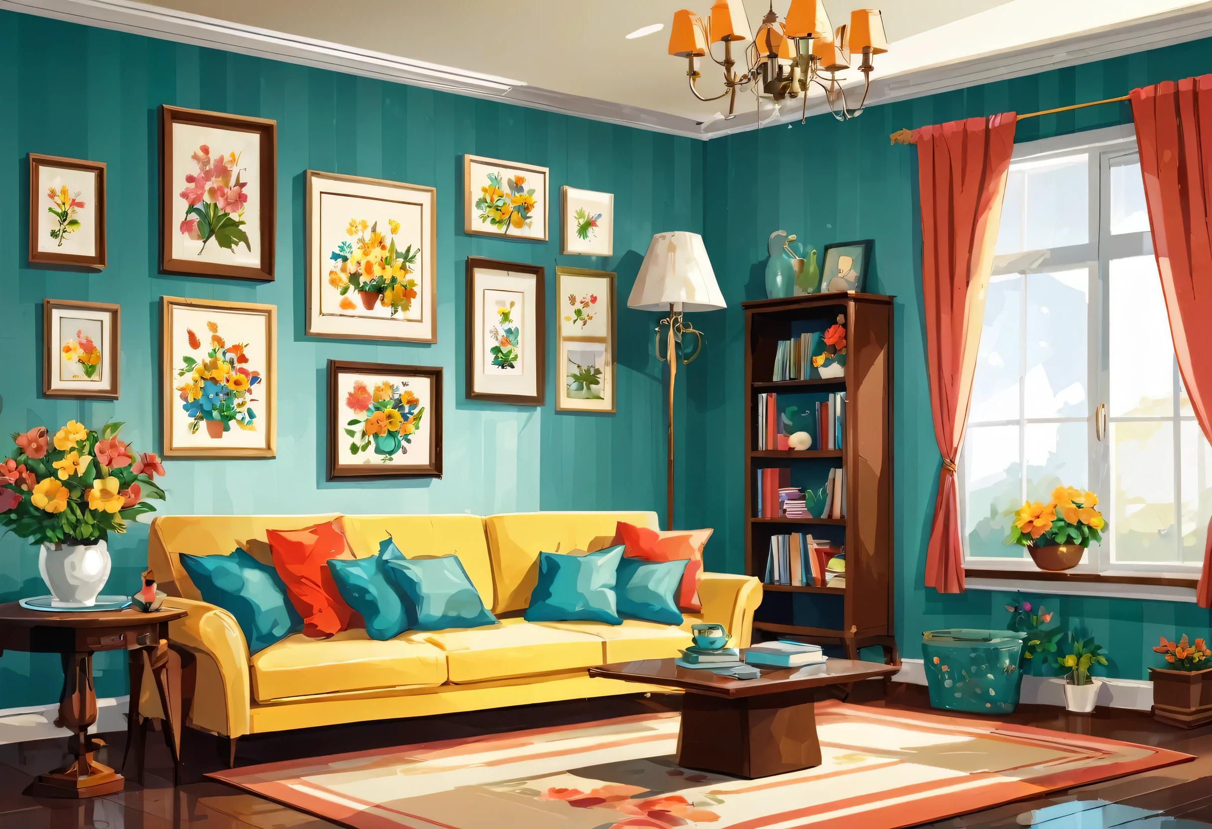 Scene: indoor, a living room, with beautiful decorations, flowers and picture frames on the wall, illustration.