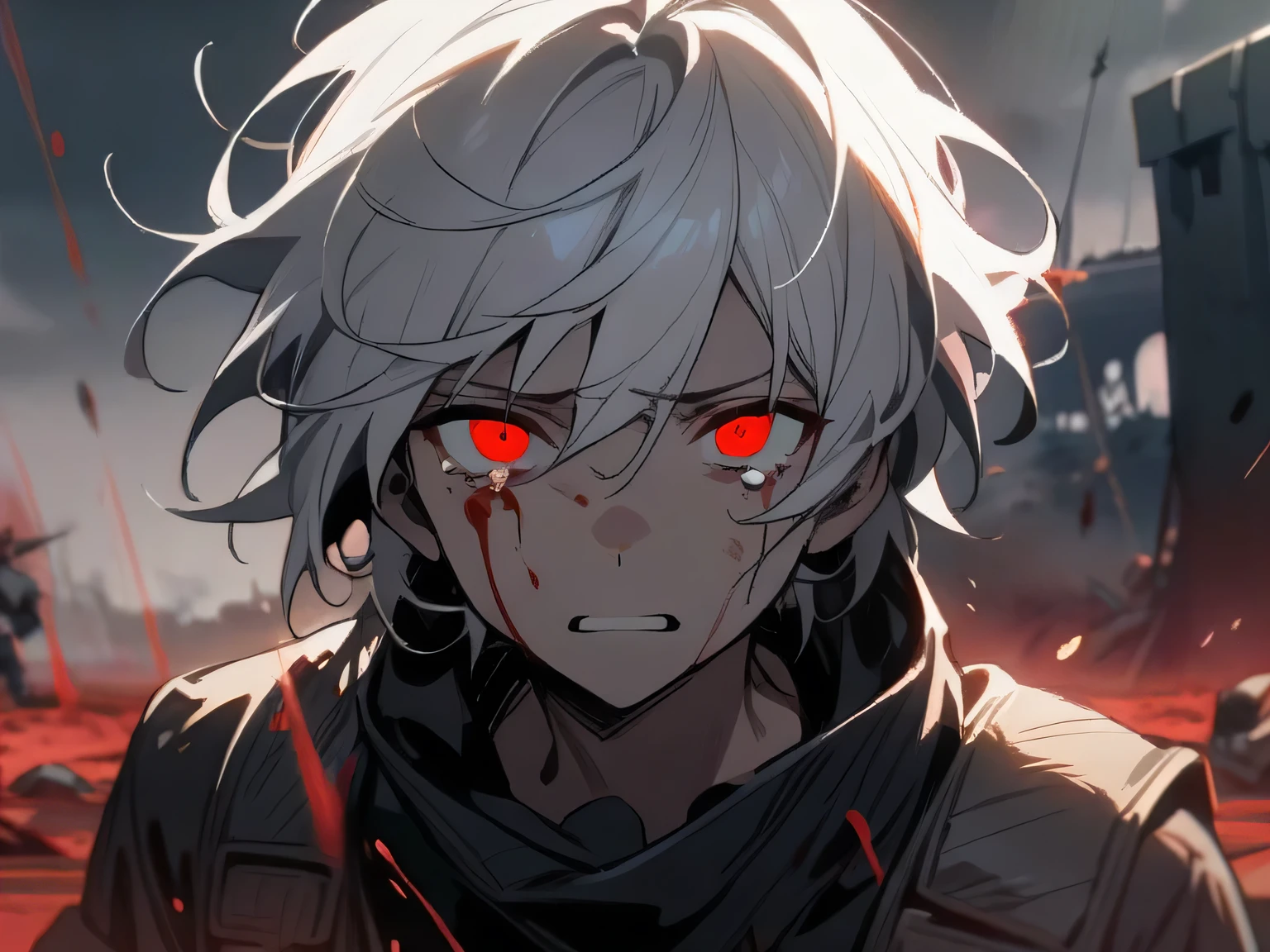 1boy, white hair, red eyes, battlefield, scattered blood everywhere, looking at viewer, sad face, fear, tears, outdoors, masterpiece, best quality,