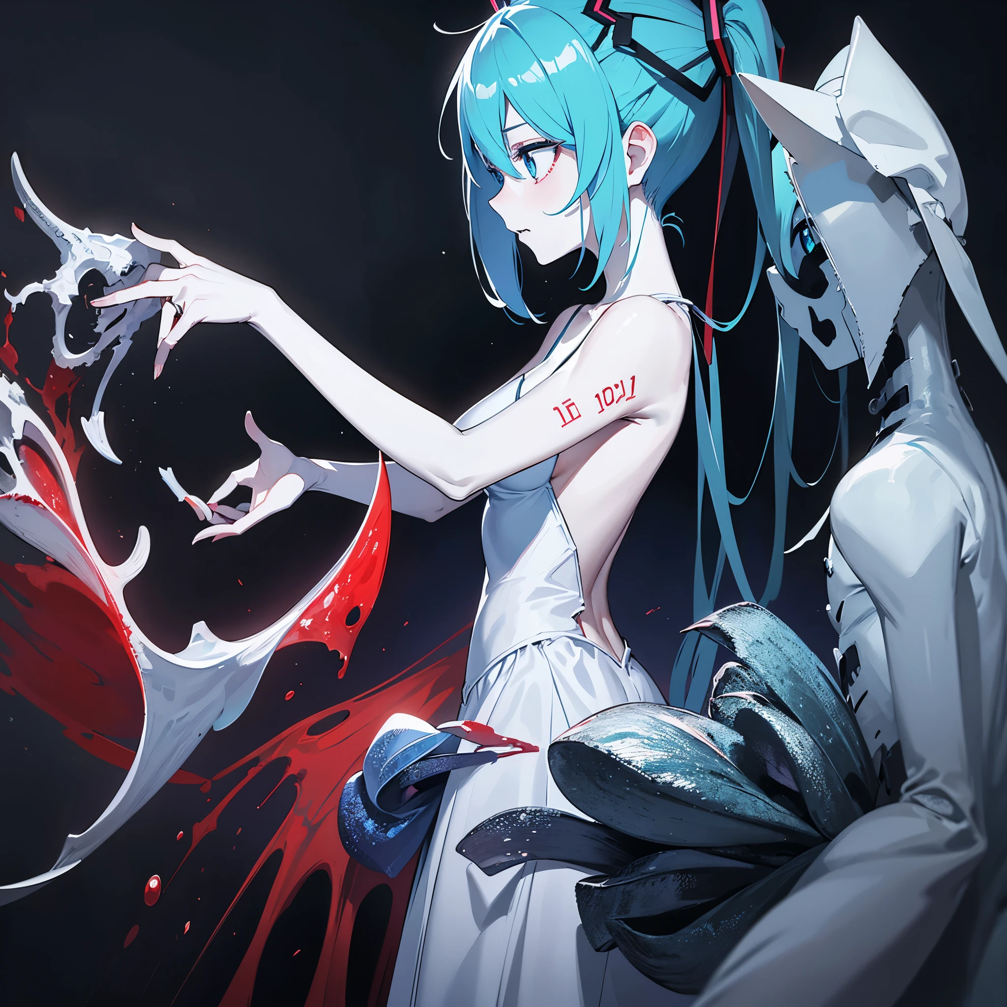 profile、Blue Face、arm hug、Embrace yourself、Bloodしぶき、Blue Face、Blue Skin、Hatsune Miku、zombie、Red eyes、Blue Face、Blue Skin、Bloodを流した、Gray Hair,sad,(Blue place:1.1),blue eyes、Hatsune Miku、ruins、cadaver, an ominous, woman, thin, pale, Looking into the camera, Ultra-realistic, Fully detailed, Cemetery environment, Bright Eyes, white dress torn and stained with Blood, The bone is exposed, putrid scratch, Sensual, That's horrible, 身体にscratchを負った, exposed fracture of the clavicle, smile, Very detailed, Black Short Hair, scratch, Blood,