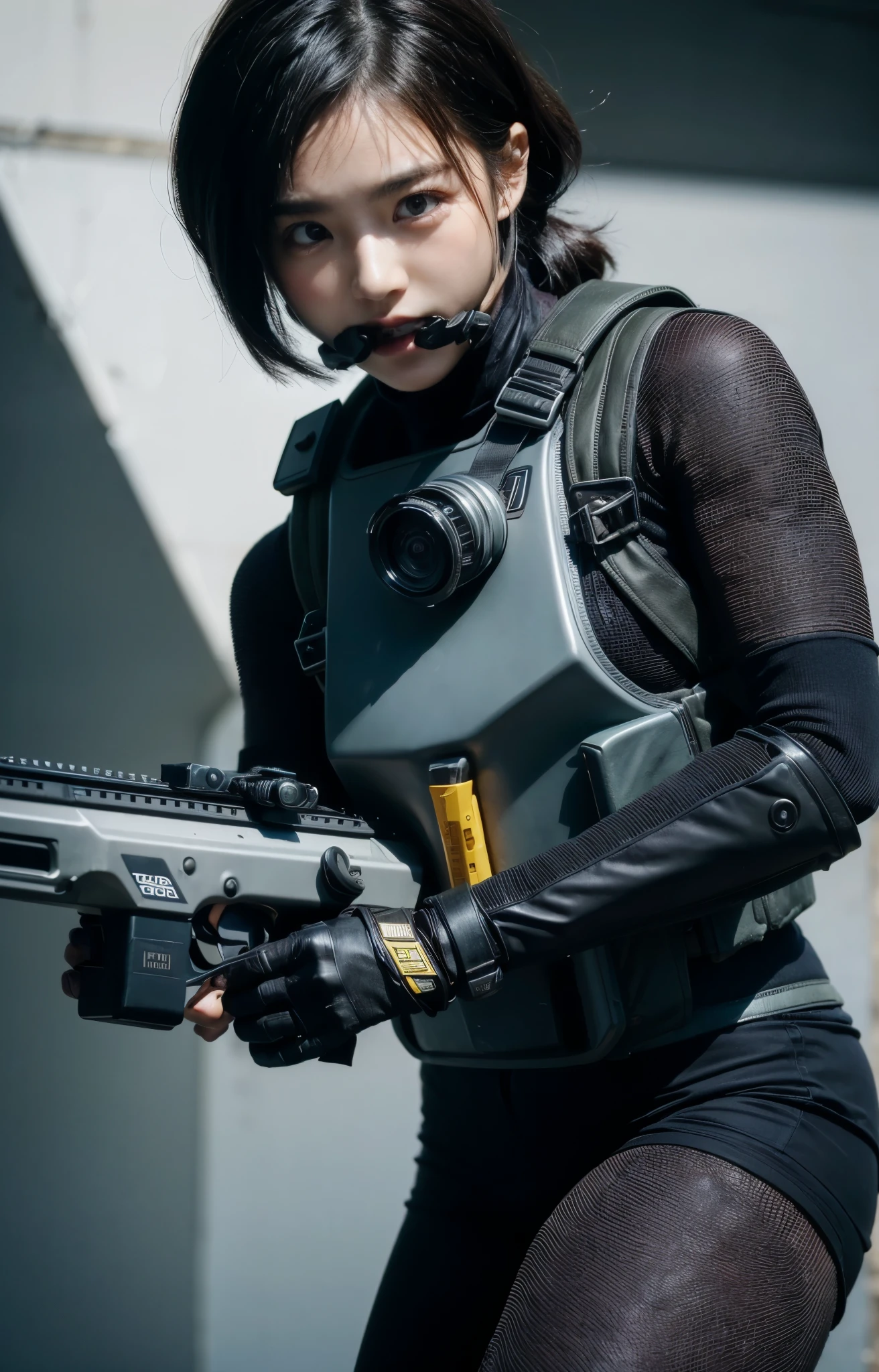 8k,Realistic Photo, Realistic Skin Texture, Superrealism, (WWII-like mechanical suit:1.2), collapsed city, heavy weapons,vivid textures,animal legs, gradation hair, japanese female soldier,(ultra beautiful face), ((super realistic all textures)), ((super intricate all details)), full body shot, ultra sharp photo result, Olive Drab color, scratch, Rust, weathering, steampunk, taken with Fuji film X-T30+Nokton. HDR10,Minimum of 4 pieces created