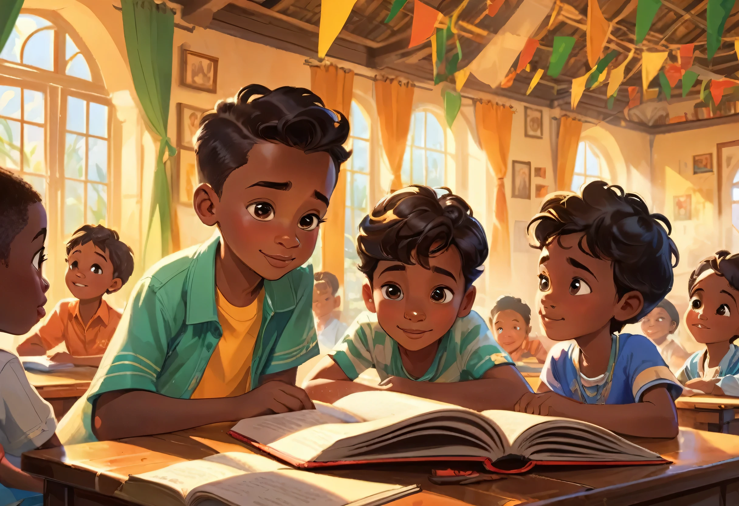 A  and three boy  in  (African) reading a book in a beautiful classroom (masterpiece best quality:1.2) delicate illustration ultra-detailed,  (disney-related event) indoor, (classroom),  detailed background, illustrations, bright, colourful, 