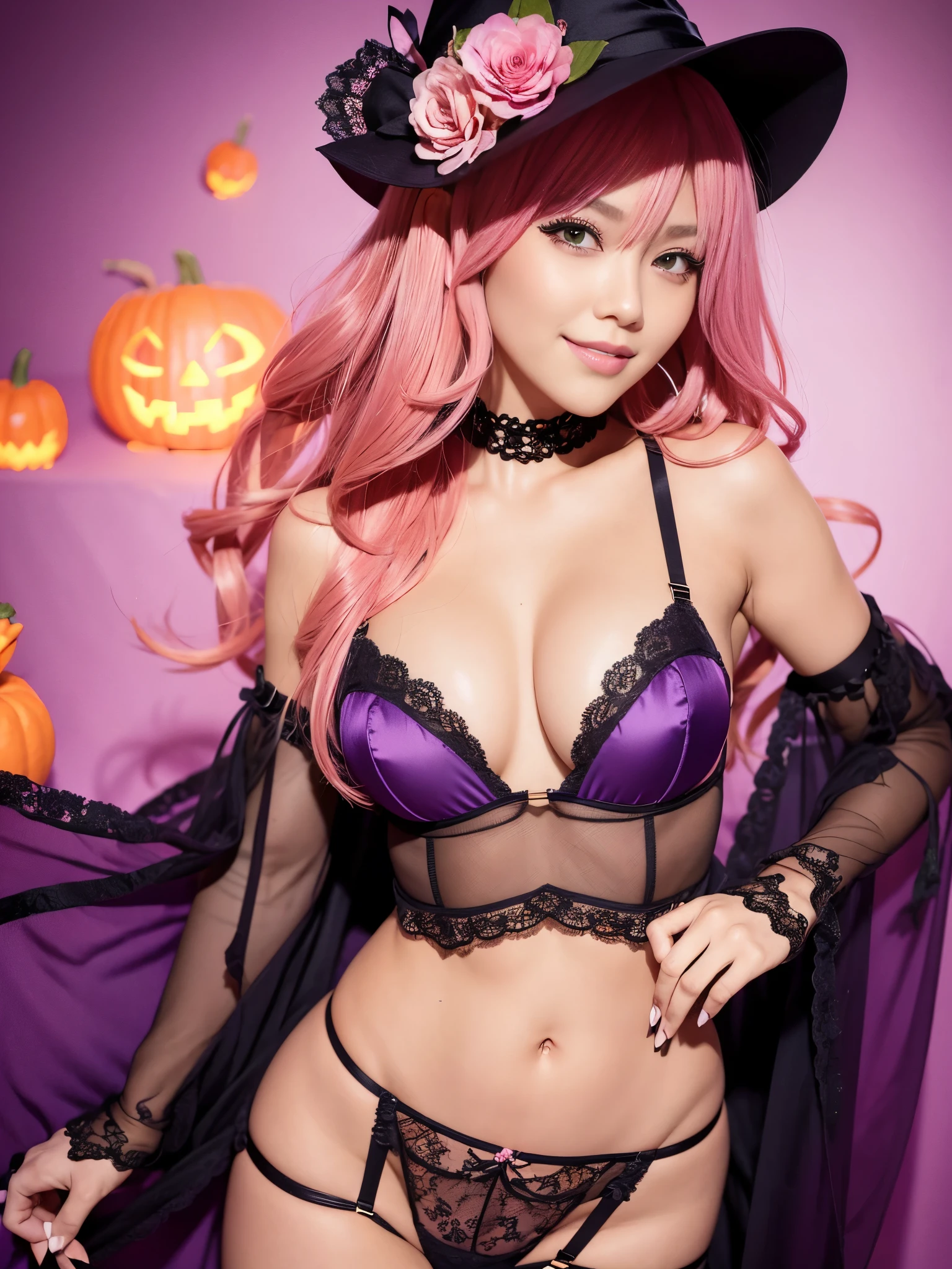 ultra realistic girl, smiling face, orange and pink ombre flowers background, portrait, halloween, goth, gyaru, purple flowing hair, garter belt, cute lack lace underwear, sweet and sexy, seductive pose