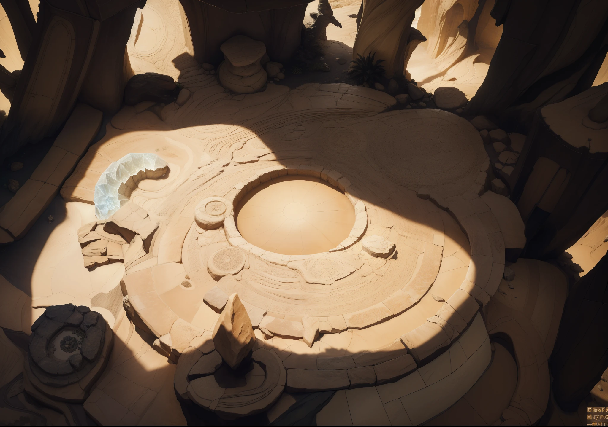 (masterpiece:1.1),(highest quality:1.1),(HDR:1),desert Rock texture,flagstone road,dim lights,speleothems,The texture is clear,Ray traching,Dune, dungeoun(The is very detailed,finely detailled,iintricate),8K resolution, birdseye straight top-down shot from a drone, (black necrotic magic in the air:1.2), dungeons and dragons, final fantasy, game art, (coherent architecture and interior, with realistic proportions and textures, intricate details, handdrawn, vibrant, cinematic lighting, masterpiece, 8k:1.2), ancient architecture, an Aetheryte crystal