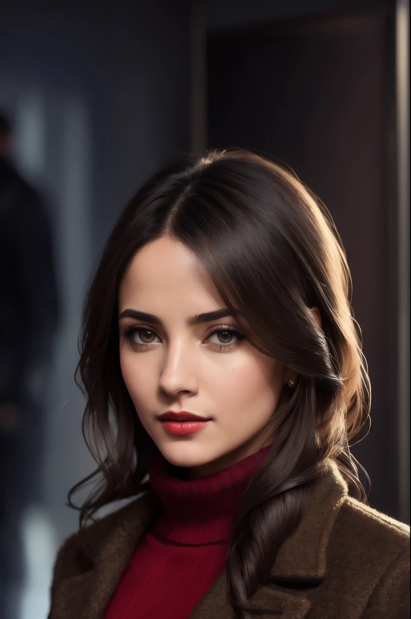 picture (alizjacot:0.99), woman ((Looking at the camera:1.2)), Like a movie star, Typical shootout style, (خلفية CG Unity 8K مفصلة للغاية), picture the most beautiful artwork in the world, Gorgeous professional oil painting by artist Ed Blinky, Ghouls are coming, Studio Ghibli, By Jeremy Mann, Greg Manches, Antonio Moro, Trending on artstation, Trending on CGSocity, complicated, High detail, Intense focus, dramatic, Realistic art by Midjourney and Greg Rutkowski, (Long brown coat), (Turtleneck sweater), ((Film premiere party)), (pants), ((Standing on the red carpet)), ((Photographers in the background)), (Detailed pupils:1.3), (Modern outfit:1.2), ((close up:1.2)), red lips