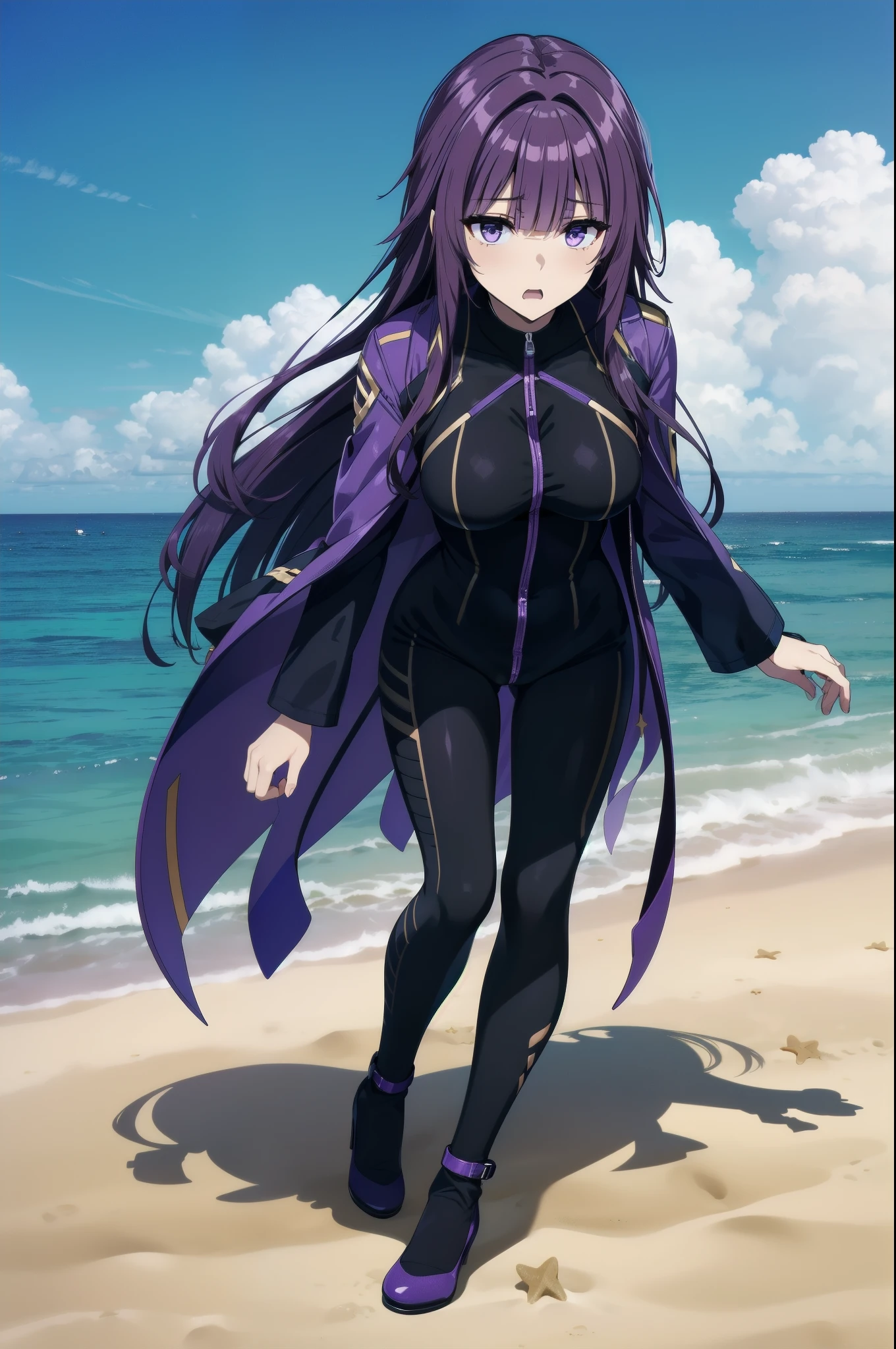 purple hair,,long hairpurple eyes,(((body suit,)))(disgust,looking disgusted, abhore),on the beach
