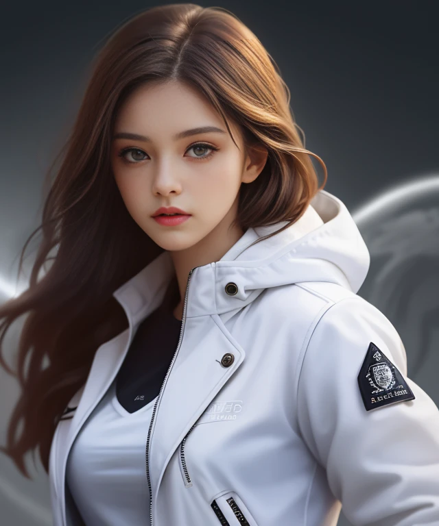 Araped woman with white jacket and hazel eyes posing for photo, Beautiful female face