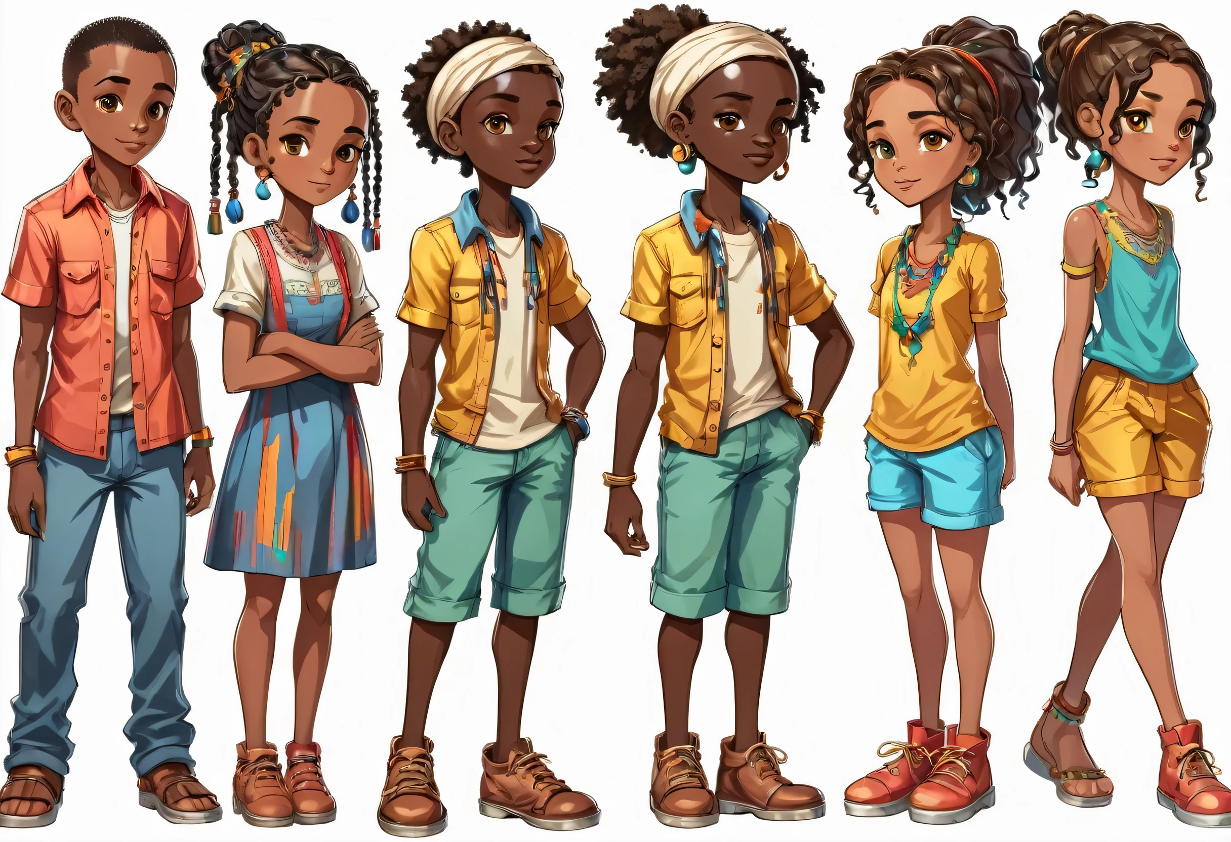Character sprites for 2D animation rigging, male and female adult, a boy and a girl of ten years old (Africans)(masterpiece best quality:1.2) delicate illustration ultra-detailed, no background, (png format) illustrations, bright, colourful