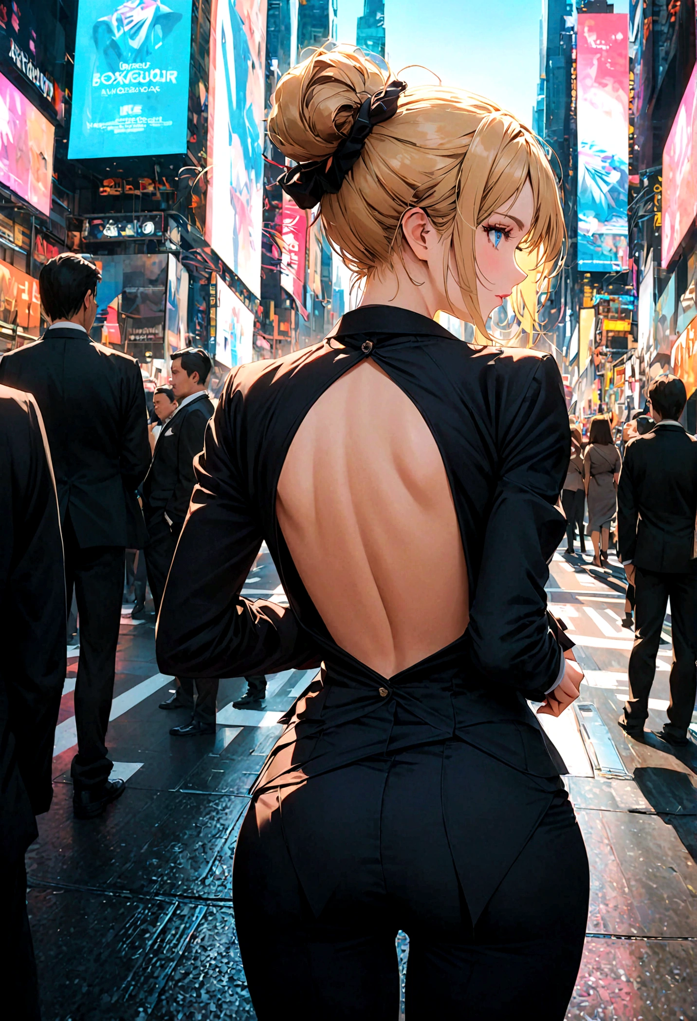 A woman with blond hair tied up, blue eyes, a black suit, sexy back and front, standing alone in the middle of Times Square during the daytime.