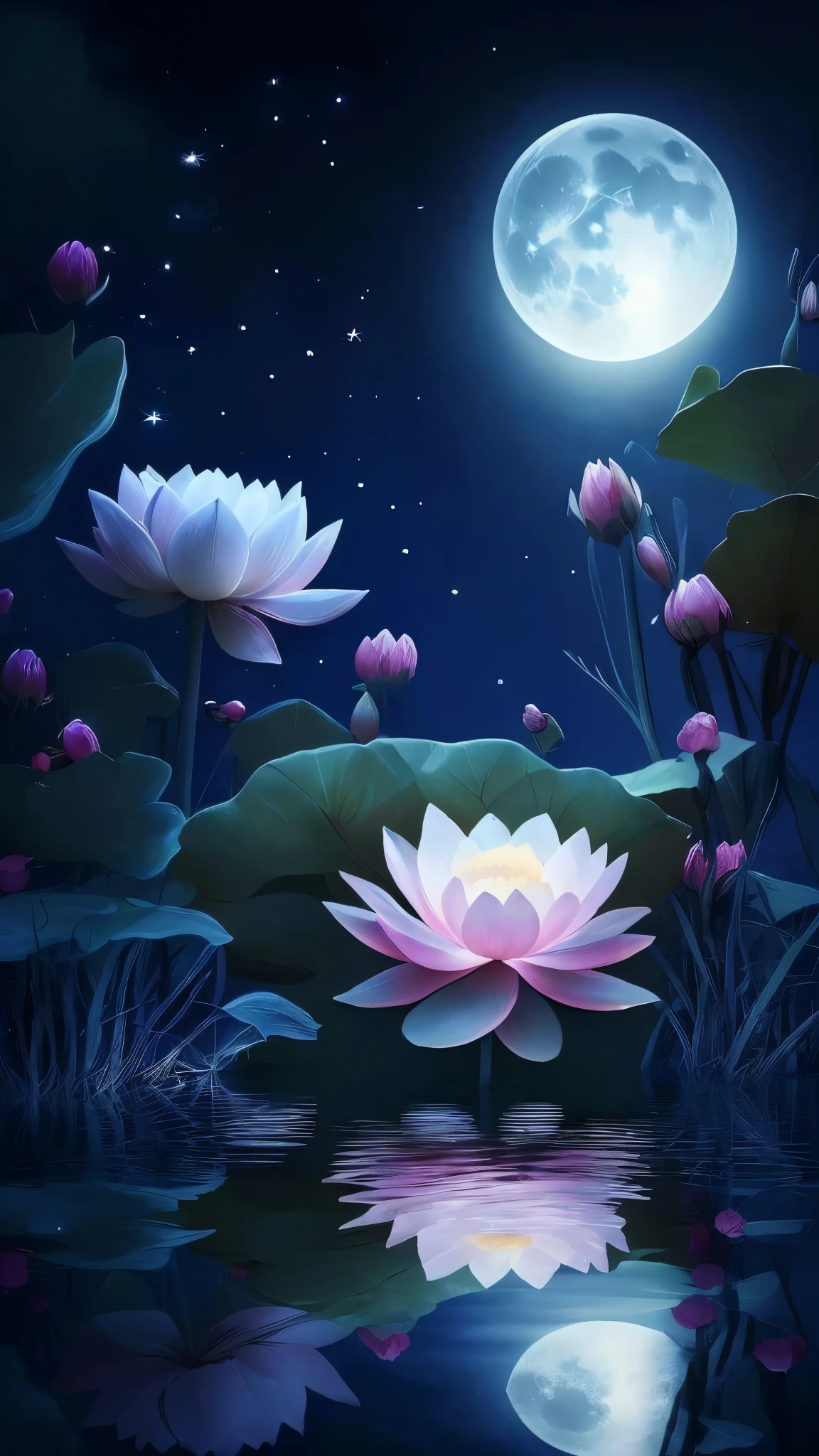 Close-up of a flower in water,In the background is a full moon, lotuss, with lotuss, mobile wallpaper, Magical flowers, Beautiful moonlight night, lotus, Beautiful wallpapers, lotus, Beautiful moonlight, lotuss on the water, Night sky full of flowers, Lotus Pond, beautiful iphone wallpapers, Glowing flowers, glowing flowers