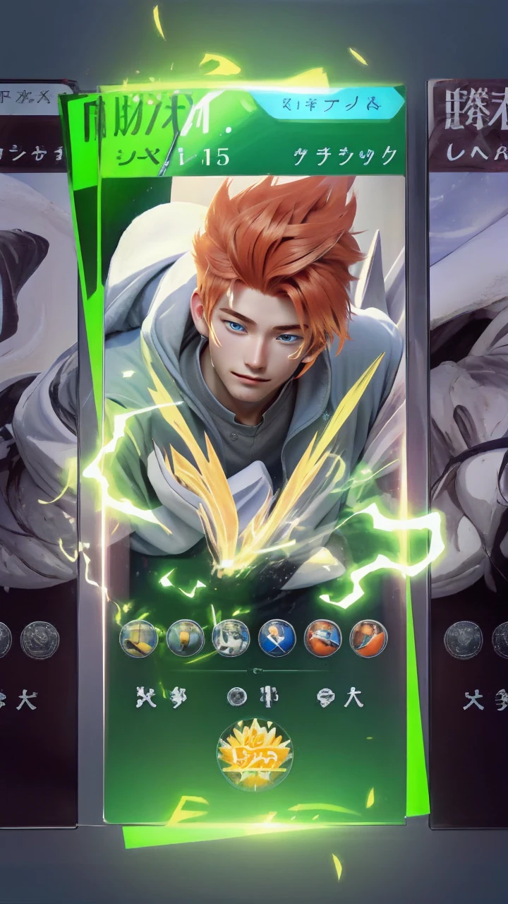 Boy, orange hair, blue eyes, sharp, serious features, white skin, black sweater