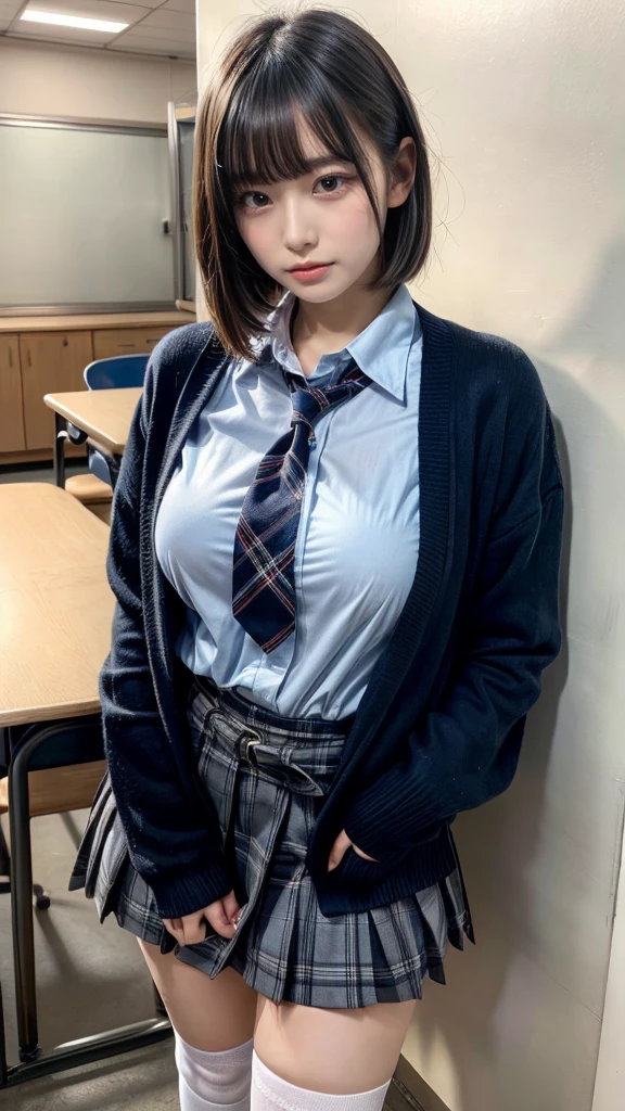 masterpiece, best quality, illustration, Super detailed, fine details, High resolution, 8K,wall paper, perfect dynamic composition,(Details High quality, realistic depiction of eyes:1.3), High School Classroom、High school girl uniform、Cardigan、Super Short Check Uniform Skirt、Navy blue high socks、garterbelts、Colossal tits、Disturbed uniform、short bob hair, black hair color, Big Natural Color Lip, bold sexy pose, (perfect body shape), crying a little、Harajuku style、20 year old girl、cute type, beautiful legs, hposing Gravure Idol, Voluptuous thighs