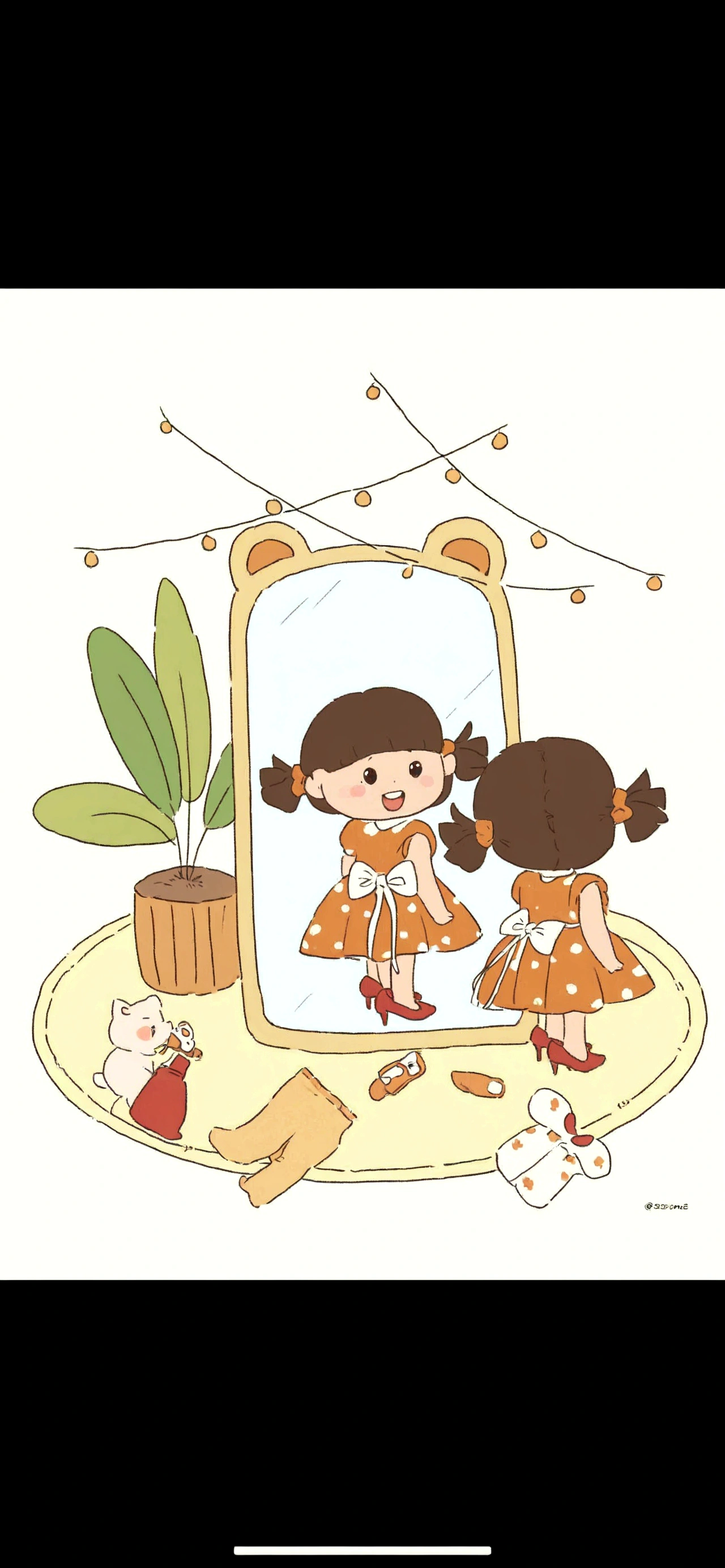 Look in the mirror, Use a mirror, Standing in front of the mirror, Admire your own reflection, Cute illustrations, Exciting illustrations, Look in the mirror, Look in the mirror, cute cartoon, Lovely art style, 3 姐妹Look in the mirror, cute cartoon style, Hand drawn cartoon art style