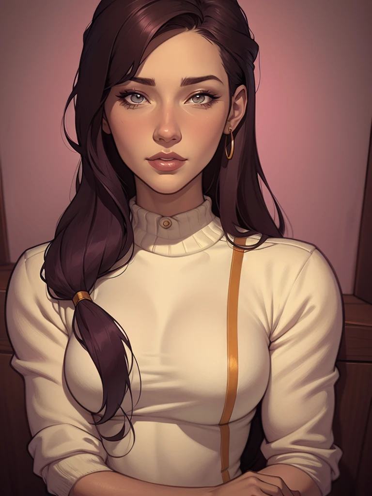 Close-up of a woman with long hair and a sweater, cabelo castanho encaracolado, linda modelo, retrato de alta qualidade, medium portrait soft light, parece a jovem liv tyler, retrato colorido, linda mulher, cabelo loiro cacheado | d & d, beautiful portrait lighting, uma linda jovem, modelo muito lindo, Retrato de 50mm, medium - long cabelo castanho encaracolado